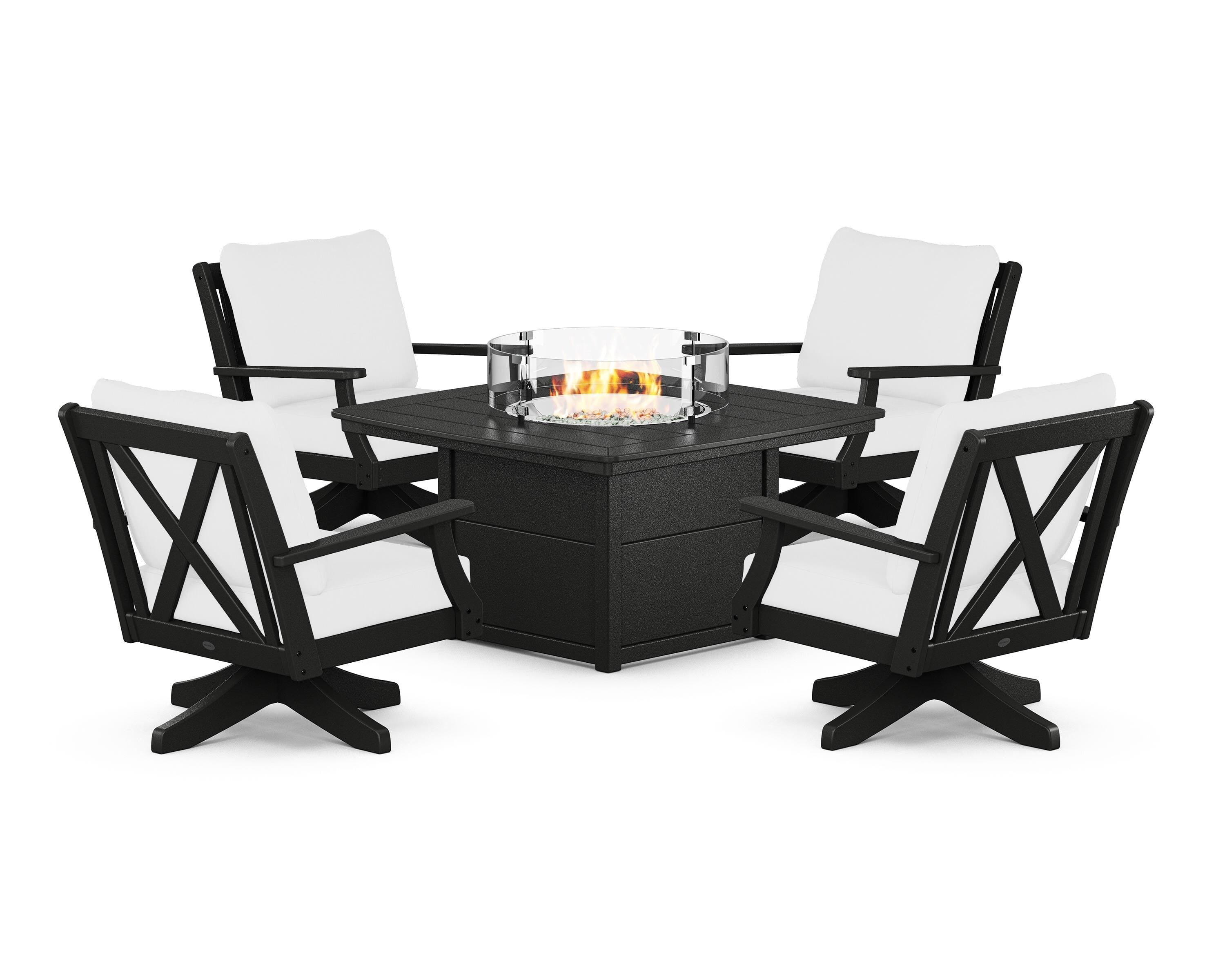 POLYWOOD Braxton 5-Piece Deep Seating Swivel Conversation Set with Fire Pit Table in Black / Natural