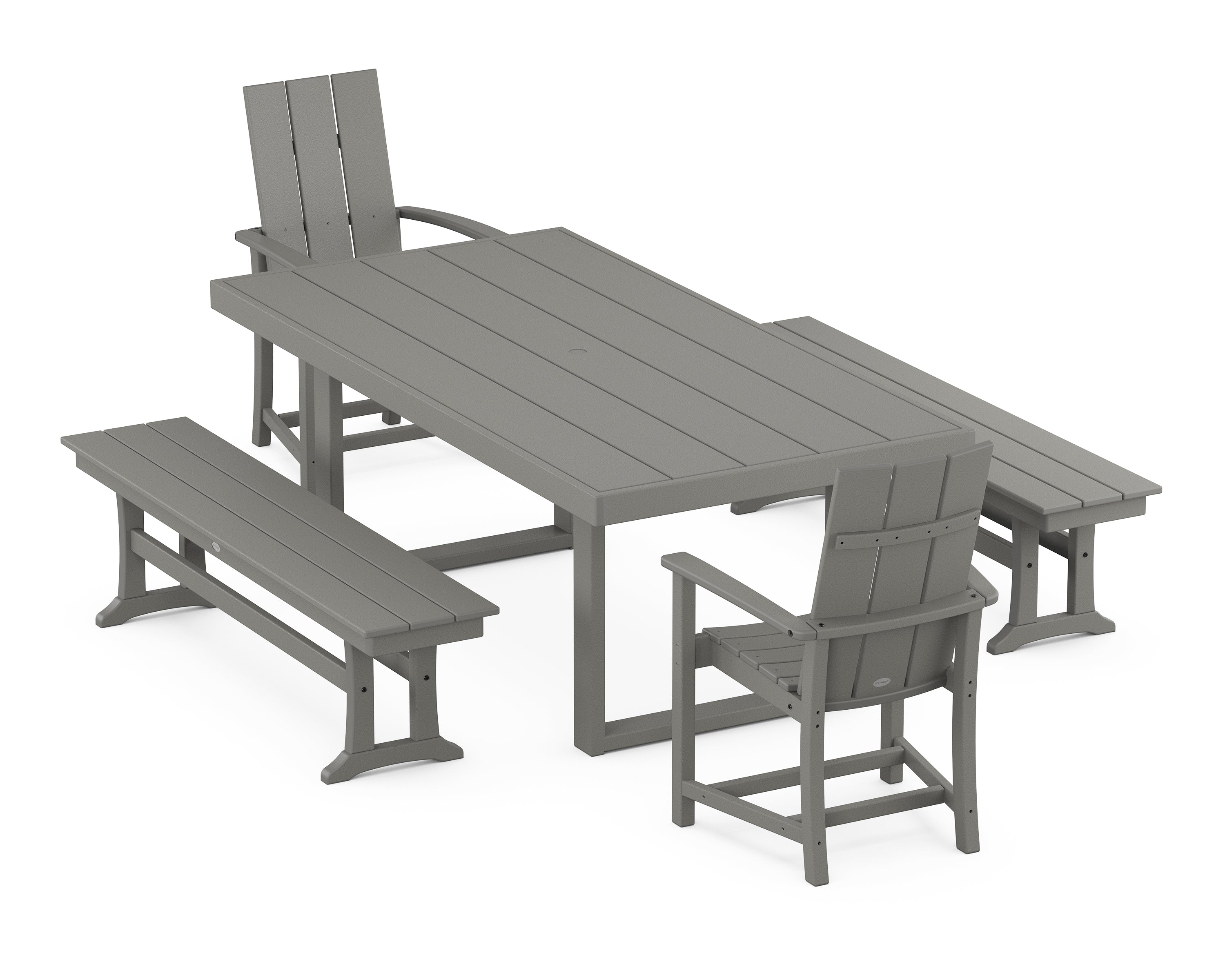 POLYWOOD® Modern Adirondack 5-Piece Dining Set with Benches in Slate Grey