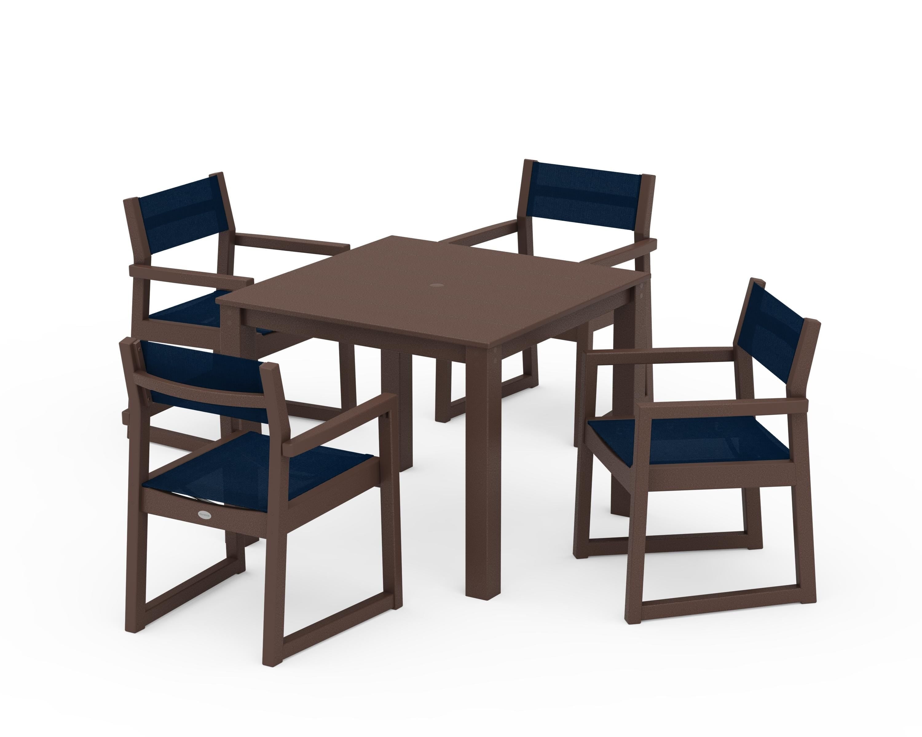 POLYWOOD EDGE Sling Arm Chair 5-Piece Parsons Dining Set in Mahogany / Navy Blue Sling