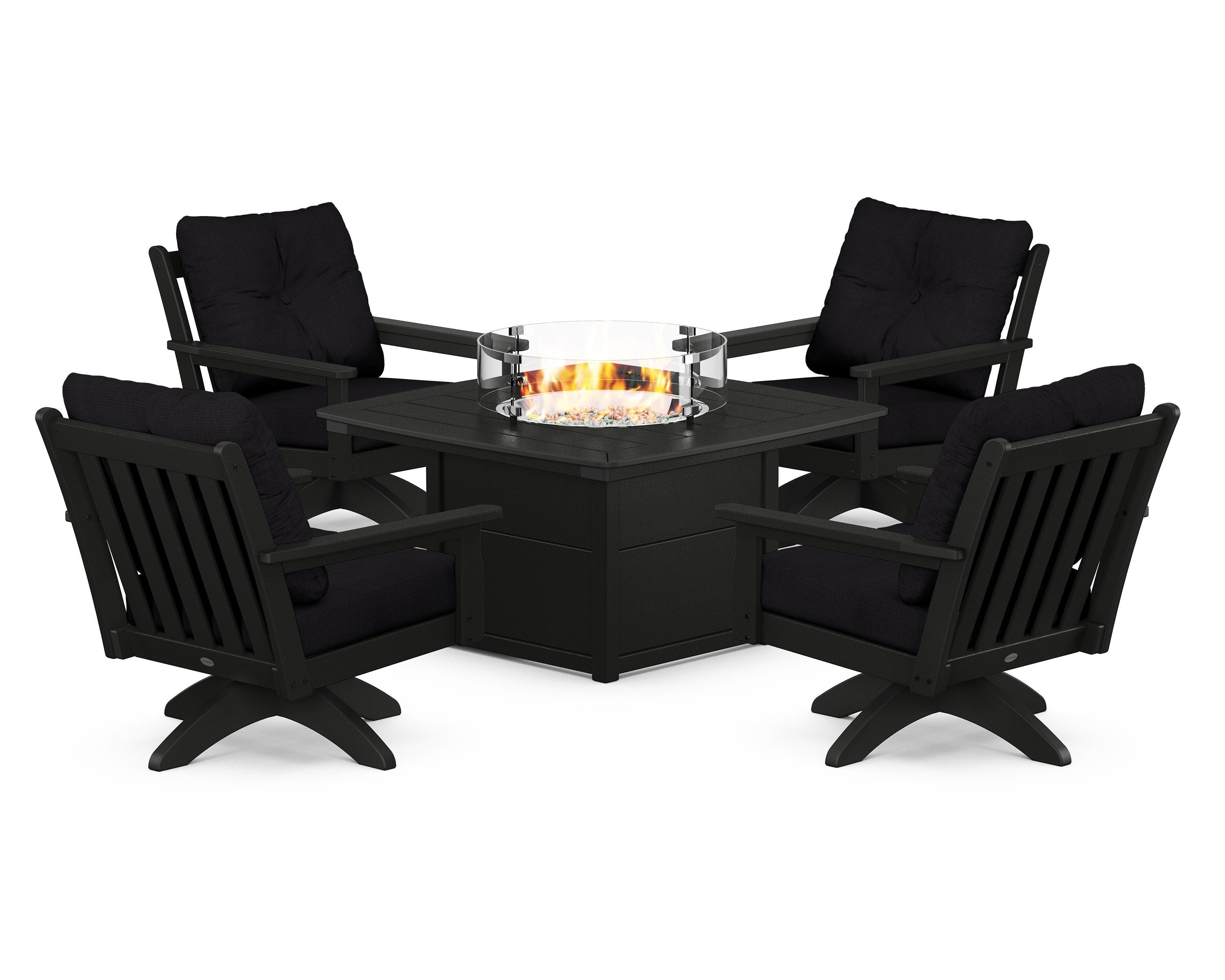 POLYWOOD Vineyard 5-Piece Deep Seating Swivel Conversation Set with Fire Pit Table in Black / Midnight Linen