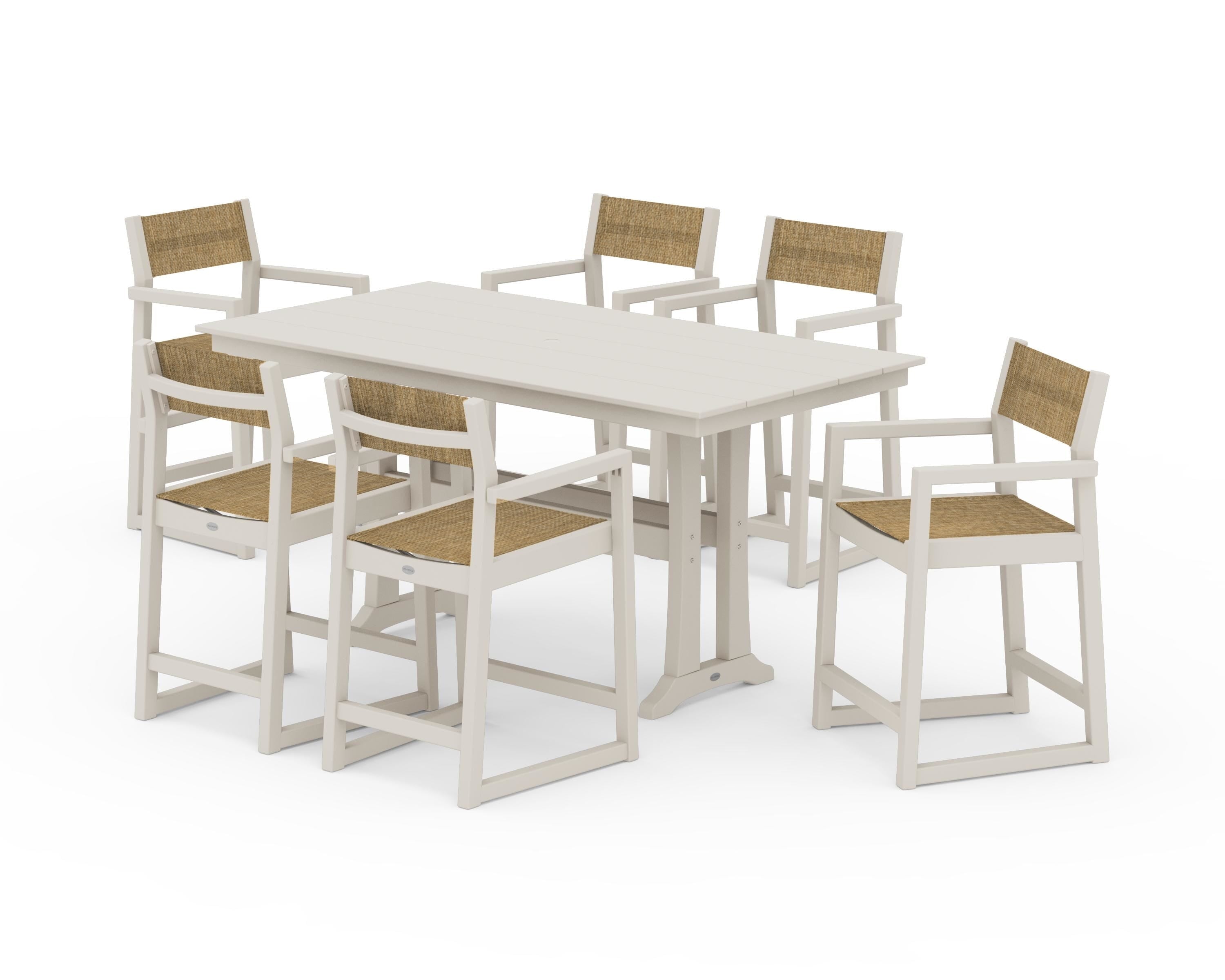 POLYWOOD EDGE Sling Arm Chair 7-Piece Farmhouse Counter Set with Trestle Legs in Sand / Burlap Sling