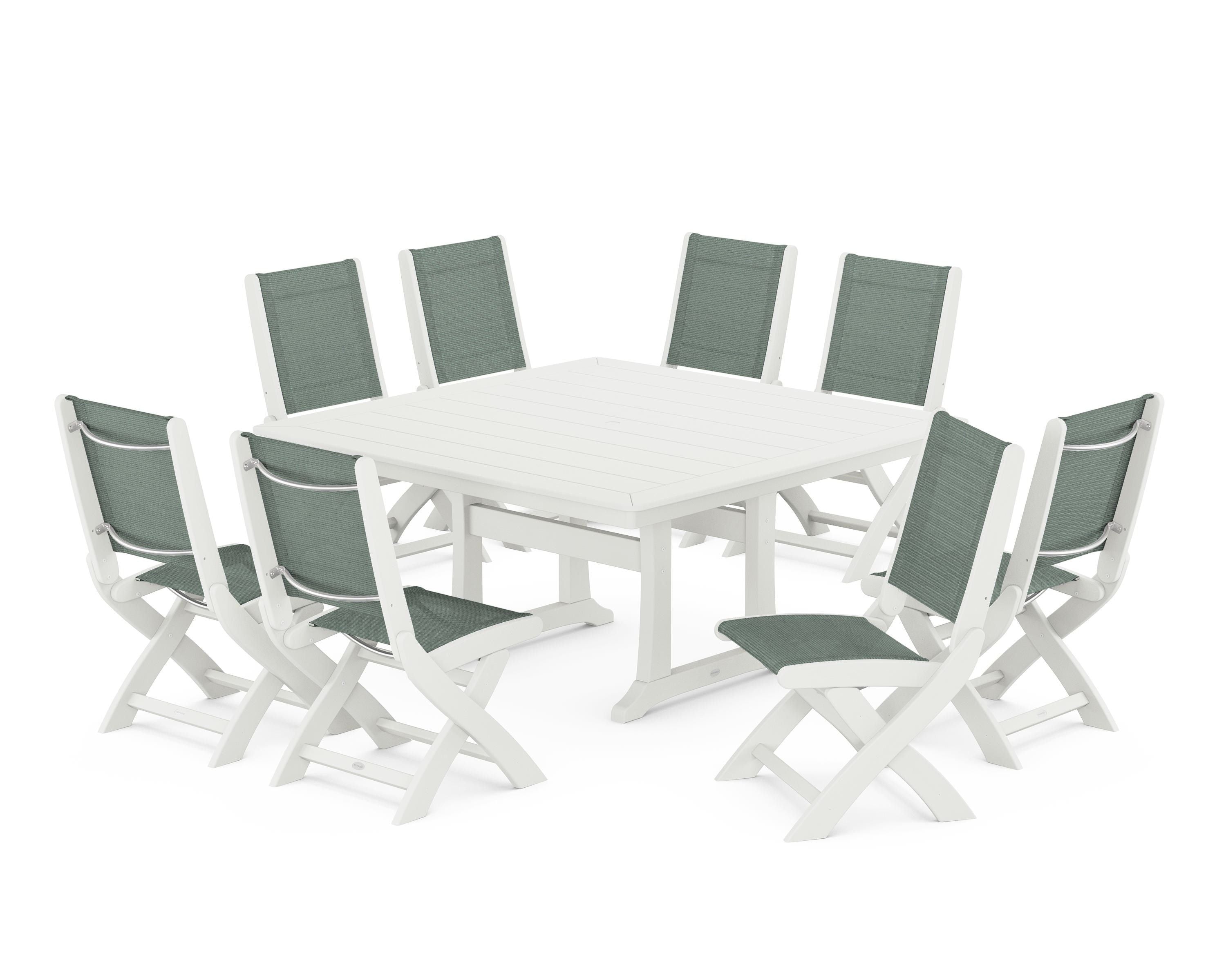 POLYWOOD Coastal Folding Side Chair 9-Piece Dining Set with Trestle Legs in Vintage White / Dupioni Sea Mist Sling