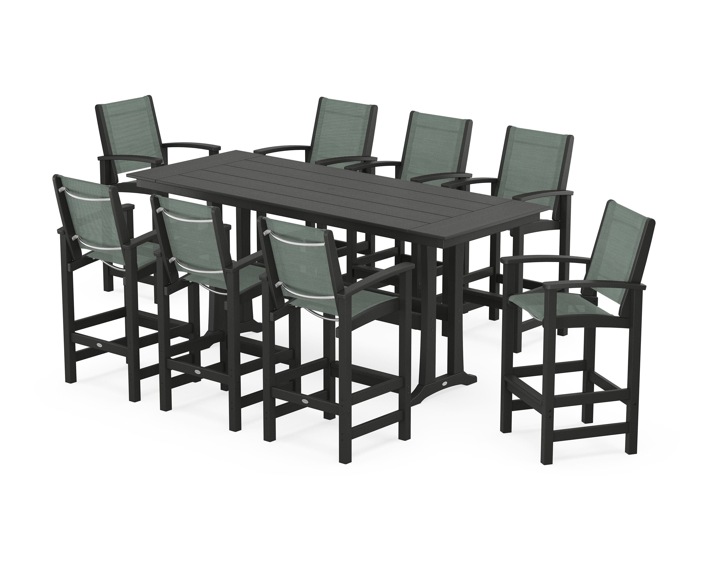 POLYWOOD Coastal 9-Piece Farmhouse Bar Set with Trestle Legs in Black / Dupioni Sea Mist Sling