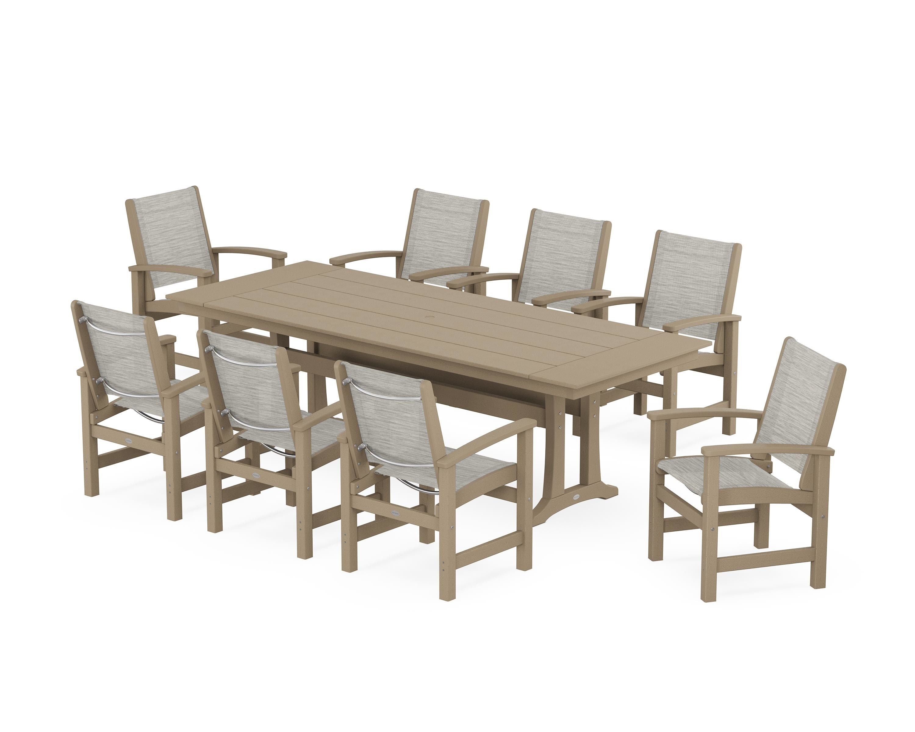 POLYWOOD Coastal 9-Piece Farmhouse Dining Set with Trestle Legs in Vintage Sahara / Birch Sling