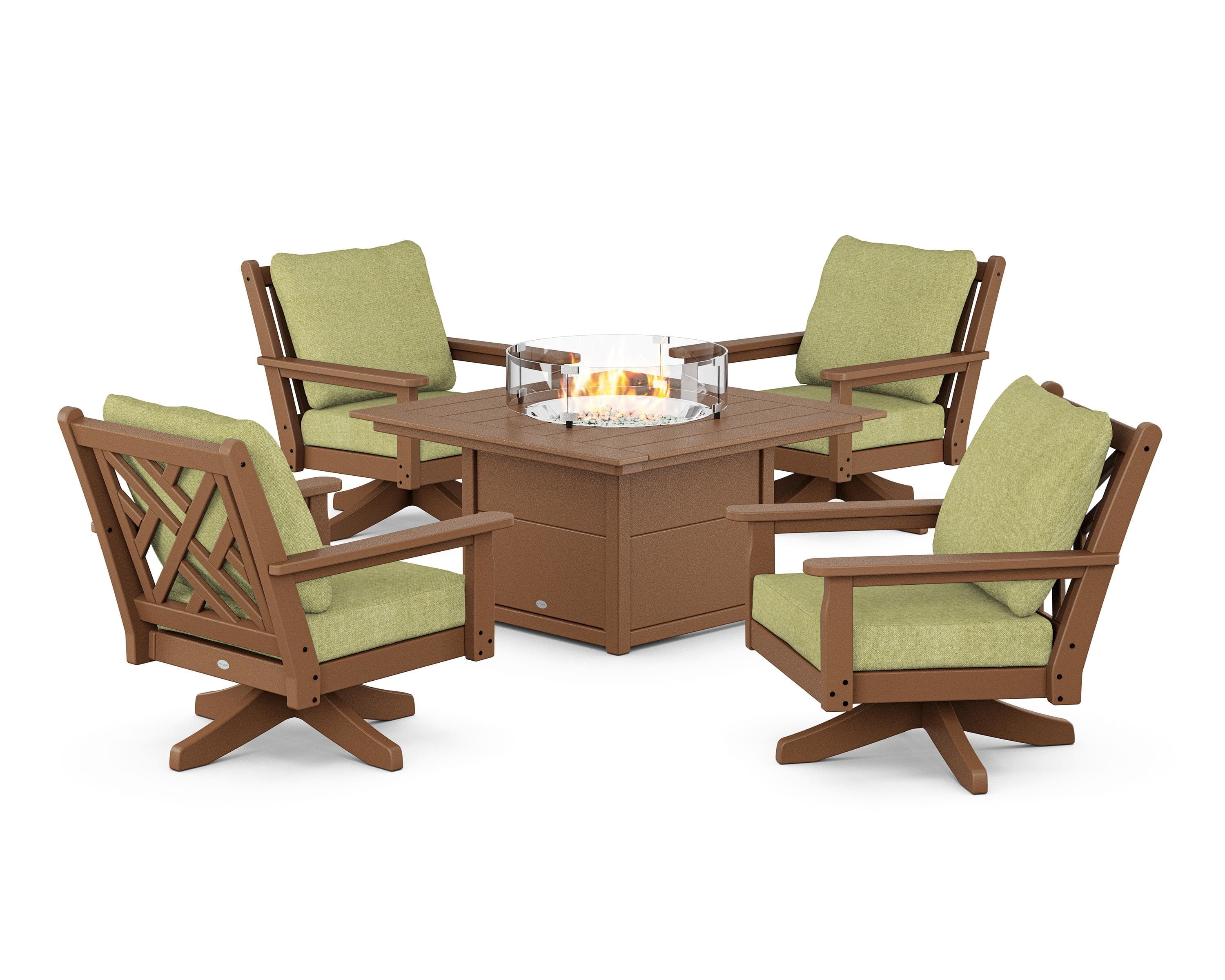 POLYWOOD Chippendale 5-Piece Deep Seating Swivel Conversation Set with Fire Pit Table in Teak / Chartreuse Boucle