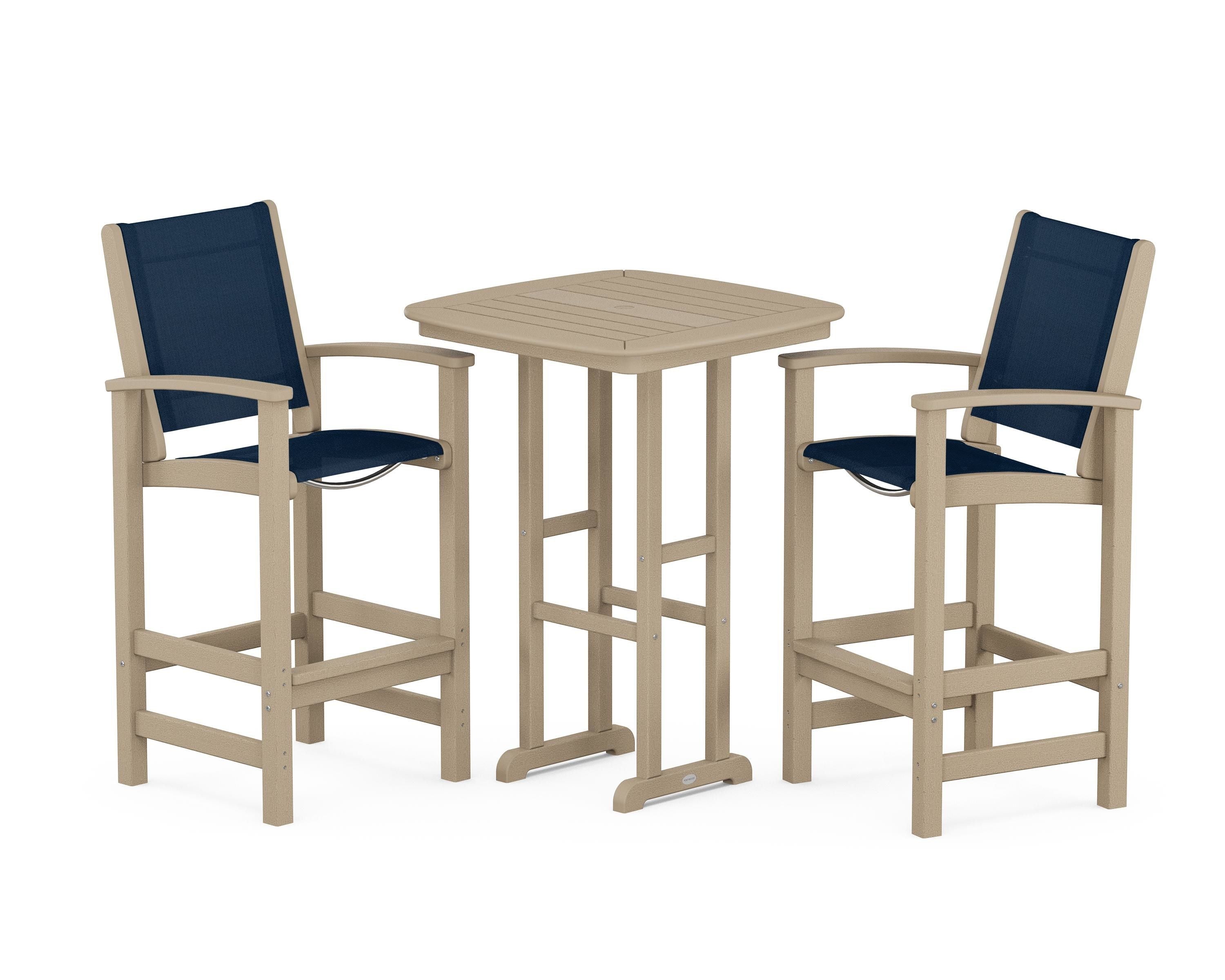 POLYWOOD Coastal 3-Piece Bar Set in Vintage Sahara / Navy Blue Sling