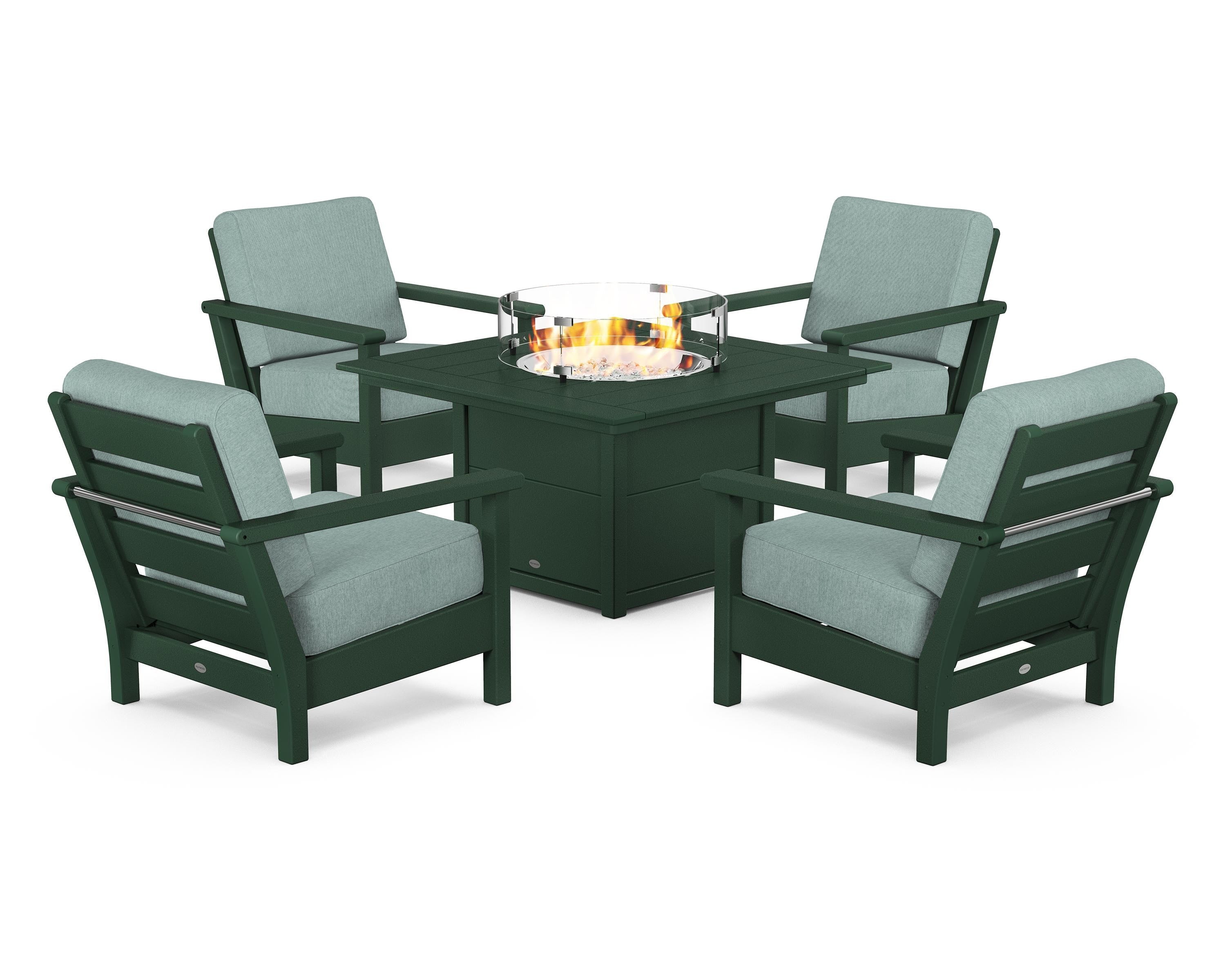 POLYWOOD Harbour 5-Piece Conversation Set with Fire Pit Table in Green / Glacier Spa