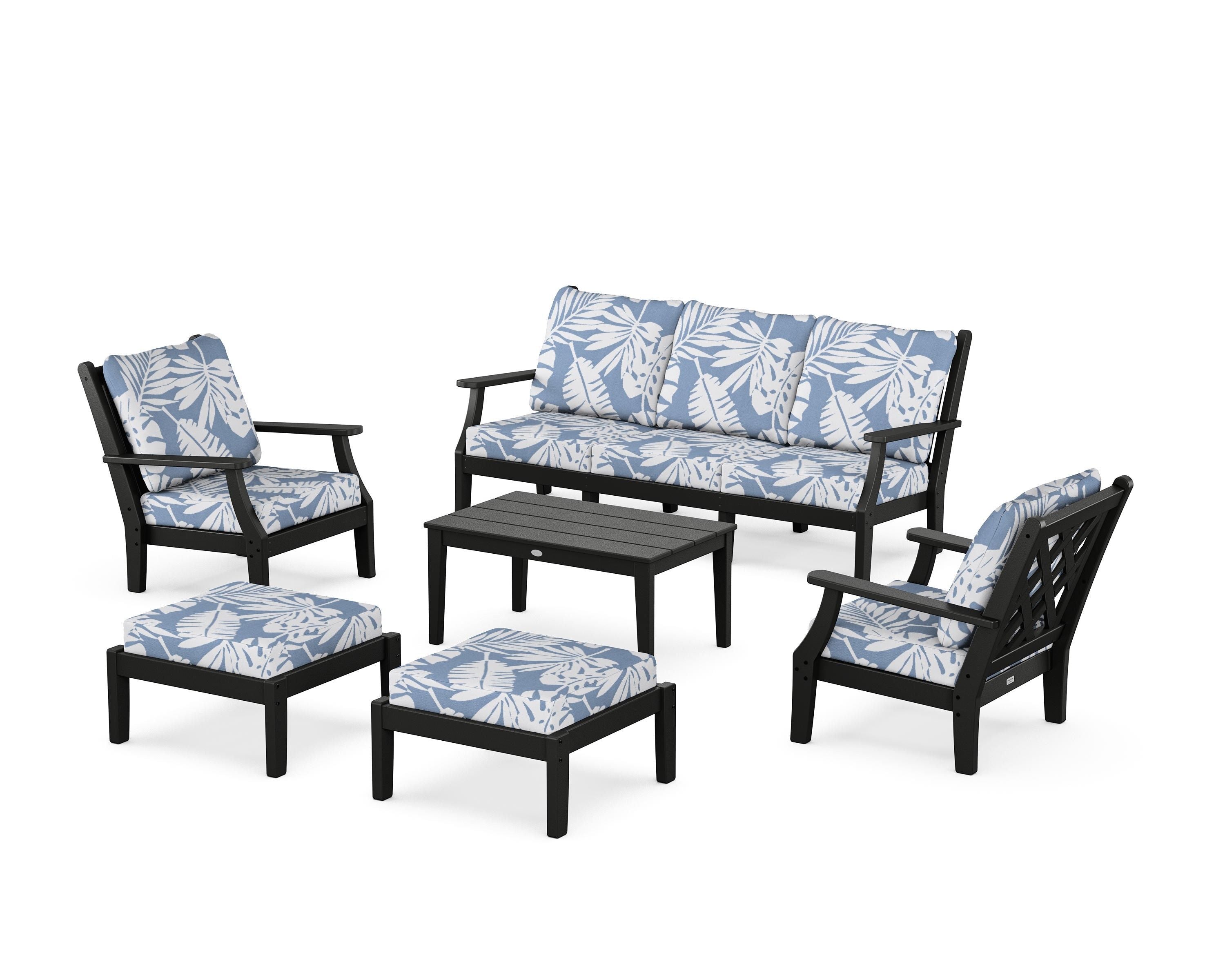 Country Living Wovendale 6-Piece Lounge Sofa Set in Black / Leaf Sky Blue