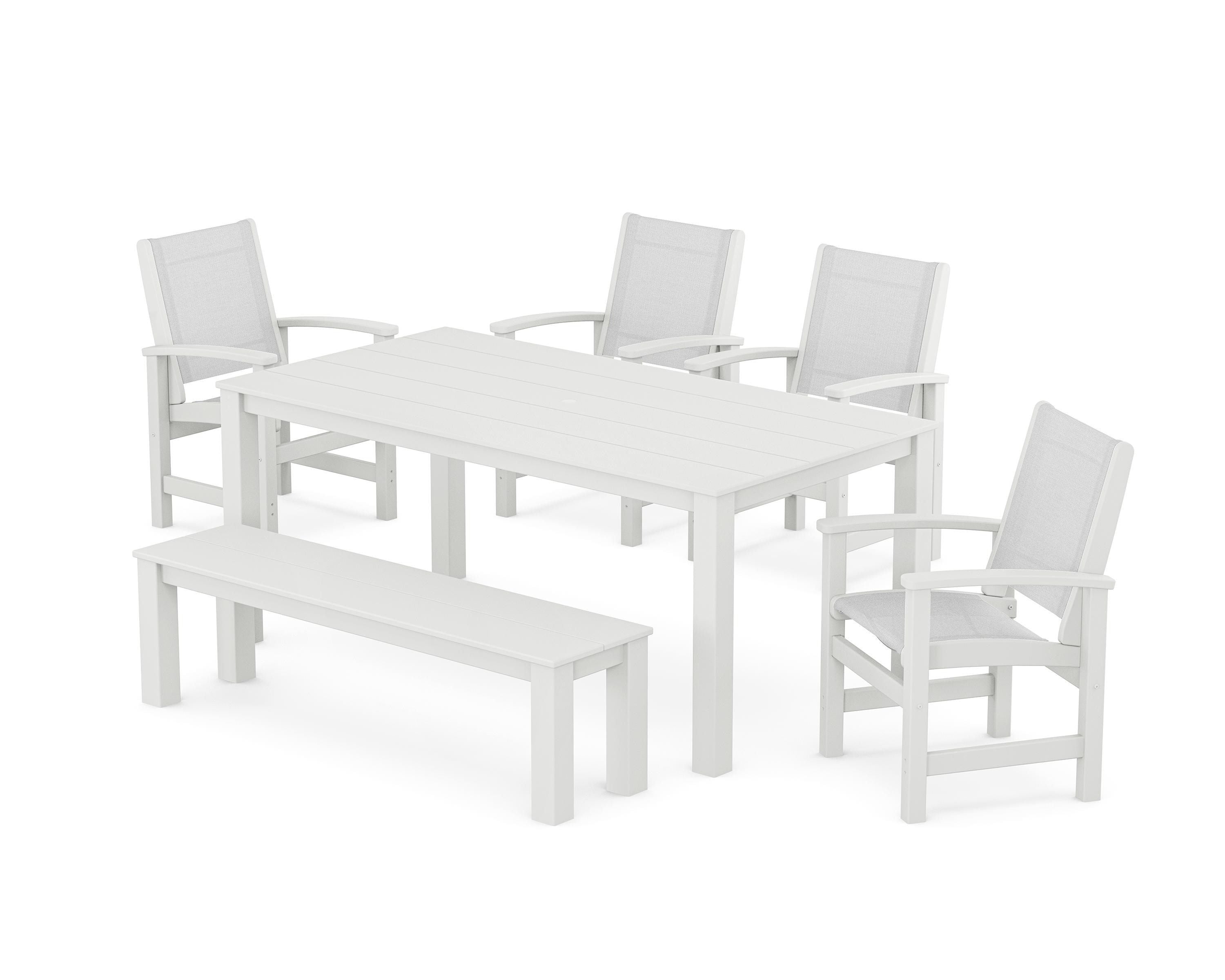 POLYWOOD Coastal 6-Piece Parsons Dining Set with Bench in White / White Sling