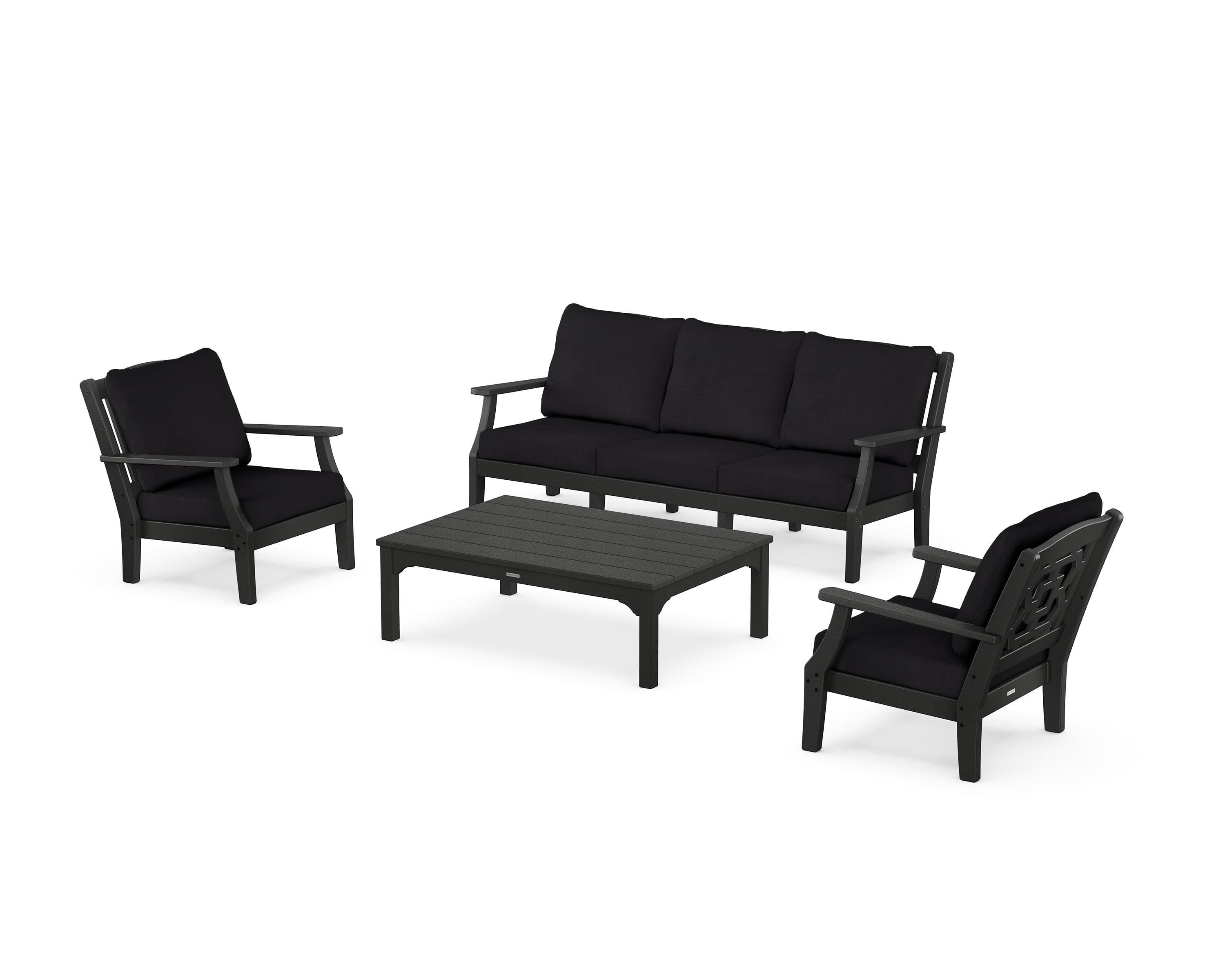 Martha Stewart by POLYWOOD Chinoiserie 4-Piece Deep Seating Set with Sofa in Black / Midnight Linen