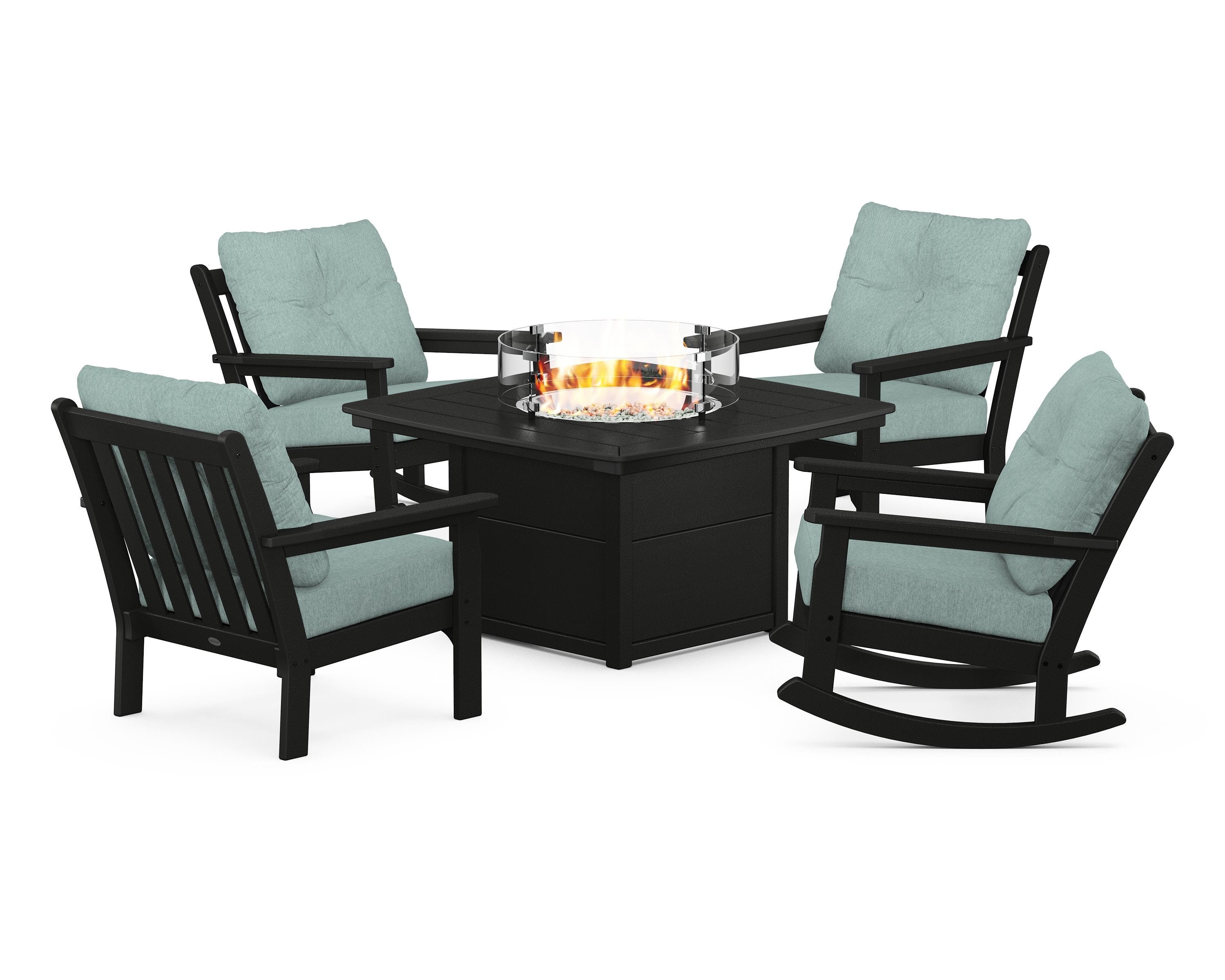 POLYWOOD Vineyard 5-Piece Deep Seating Rocking Chair Conversation Set with Fire Pit Table in Black / Glacier Spa