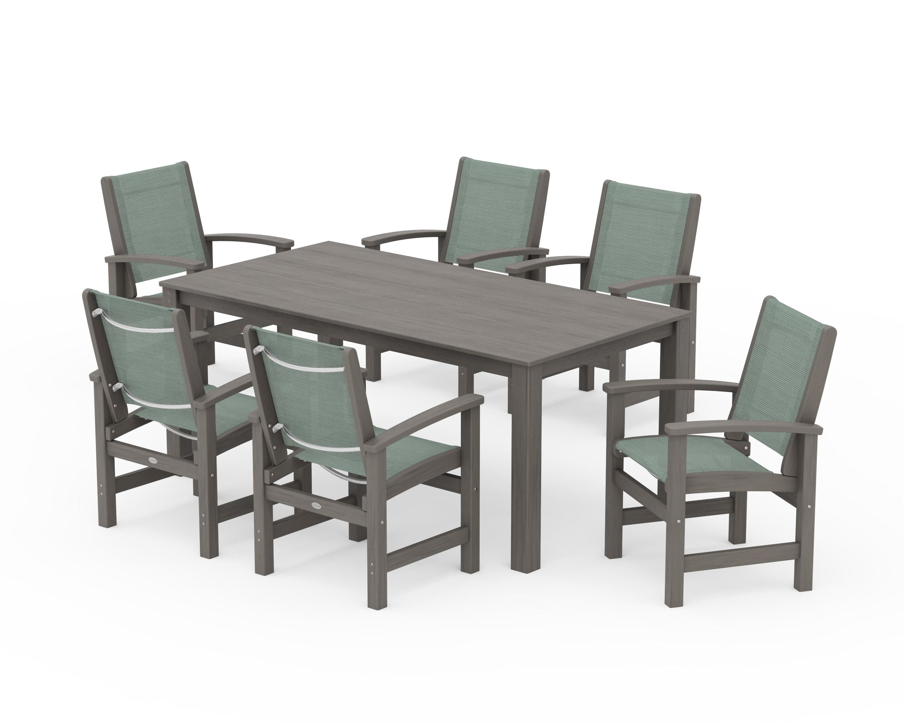 POLYWOOD Coastal 7-Piece Parsons Dining Set in Driftwood / Dupioni Sea Mist Sling