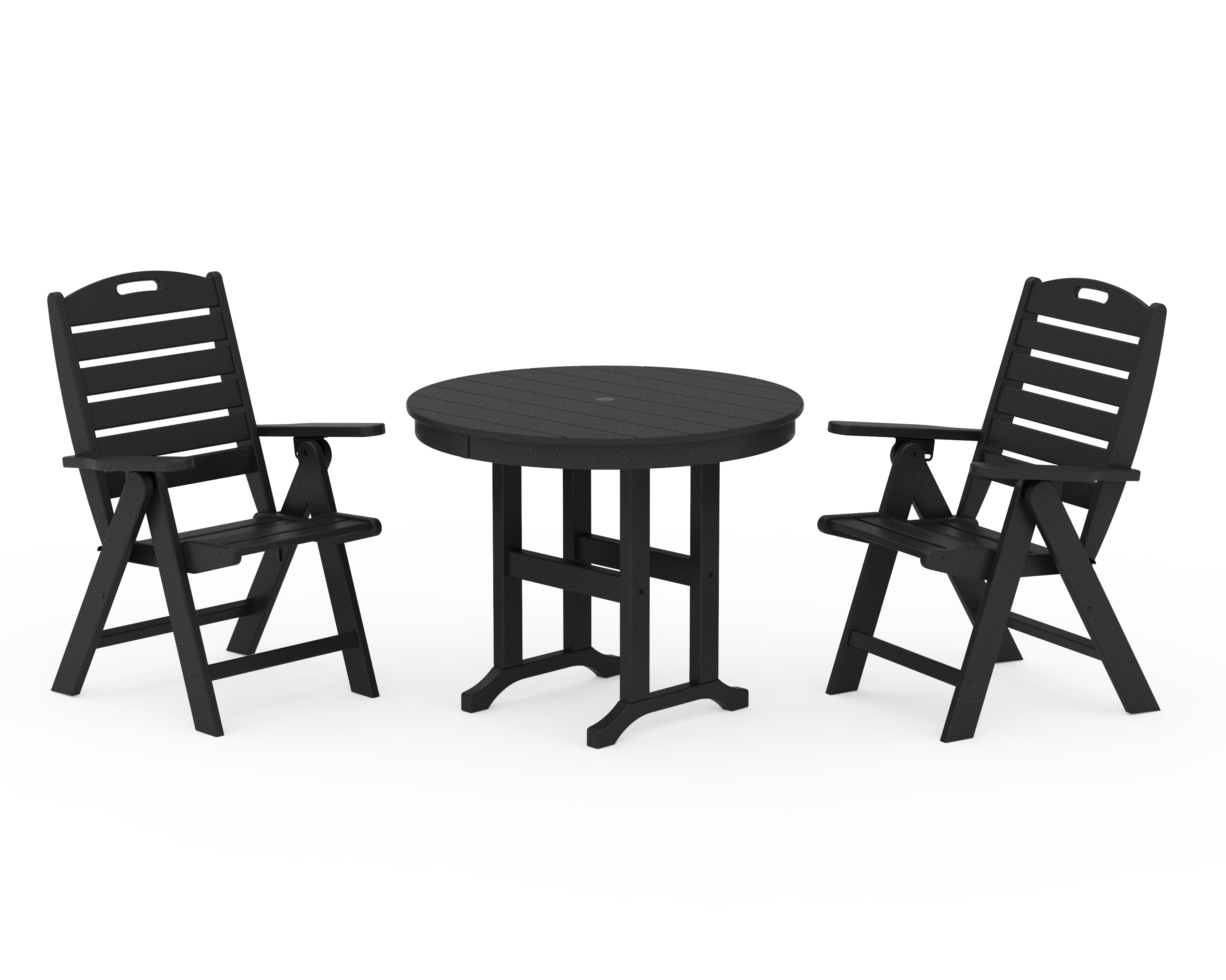 POLYWOOD Nautical Folding Highback Chair 3-Piece Round Dining Set in Black