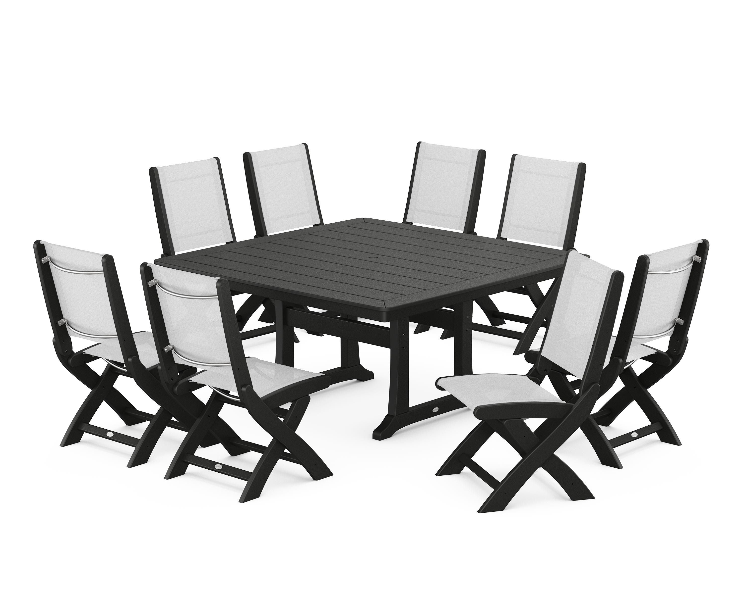 POLYWOOD Coastal Folding Side Chair 9-Piece Dining Set with Trestle Legs in Black / White Sling