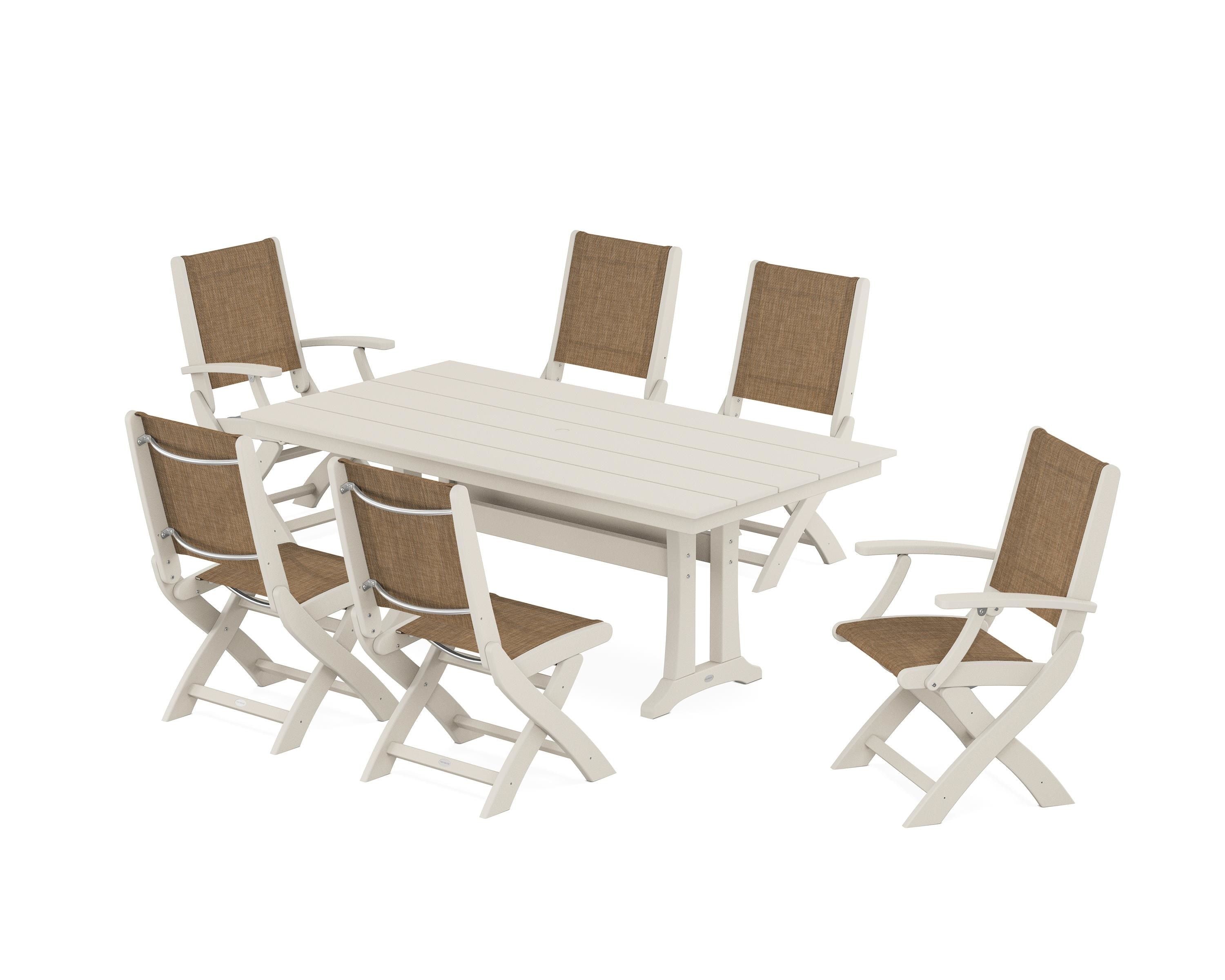 POLYWOOD Coastal Folding Chair 7-Piece Farmhouse Dining Set with Trestle Legs in Sand / Burlap Sling
