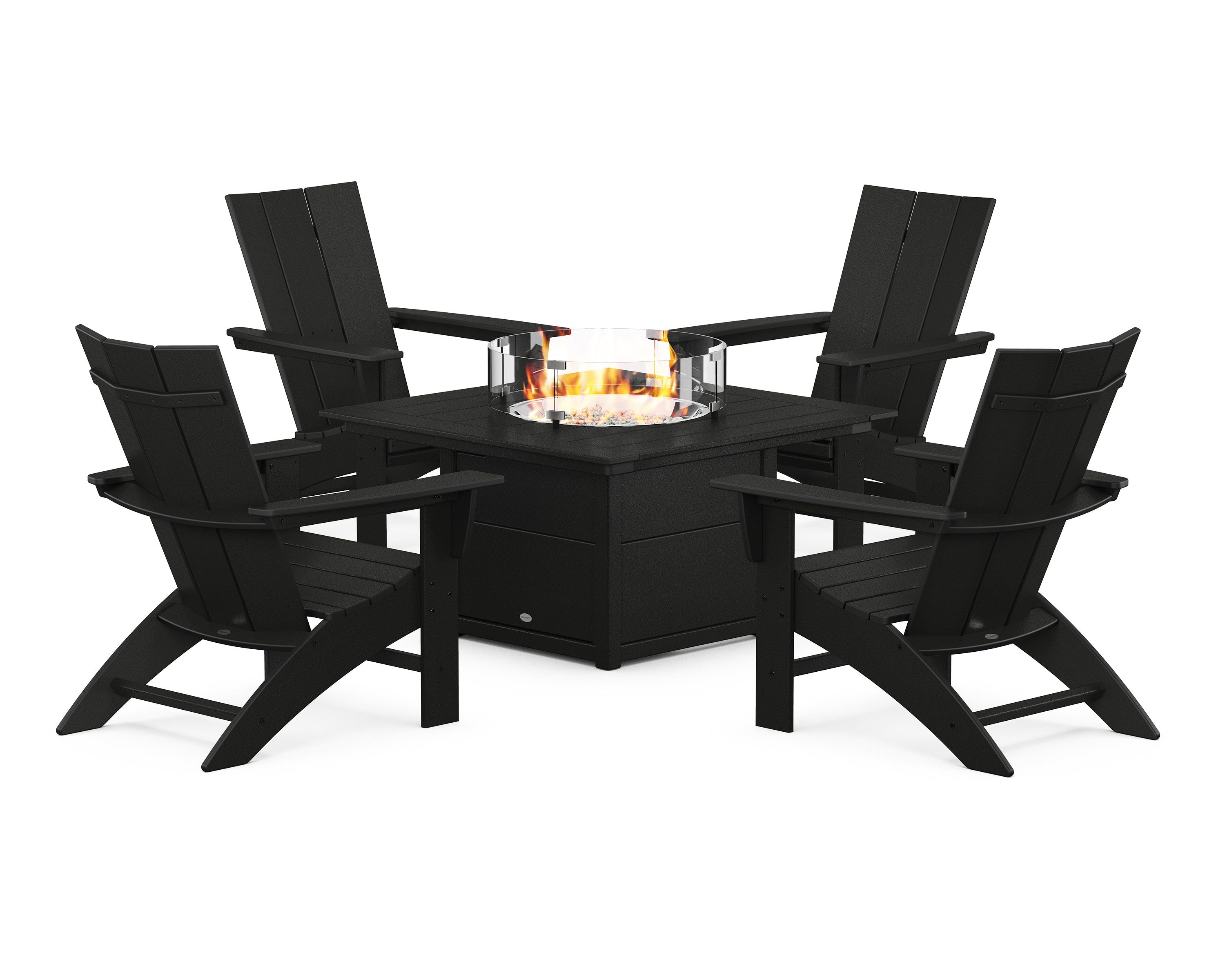 POLYWOOD® Modern Curveback Adirondack 5-Piece Conversation Set with Fire Pit Table in Black