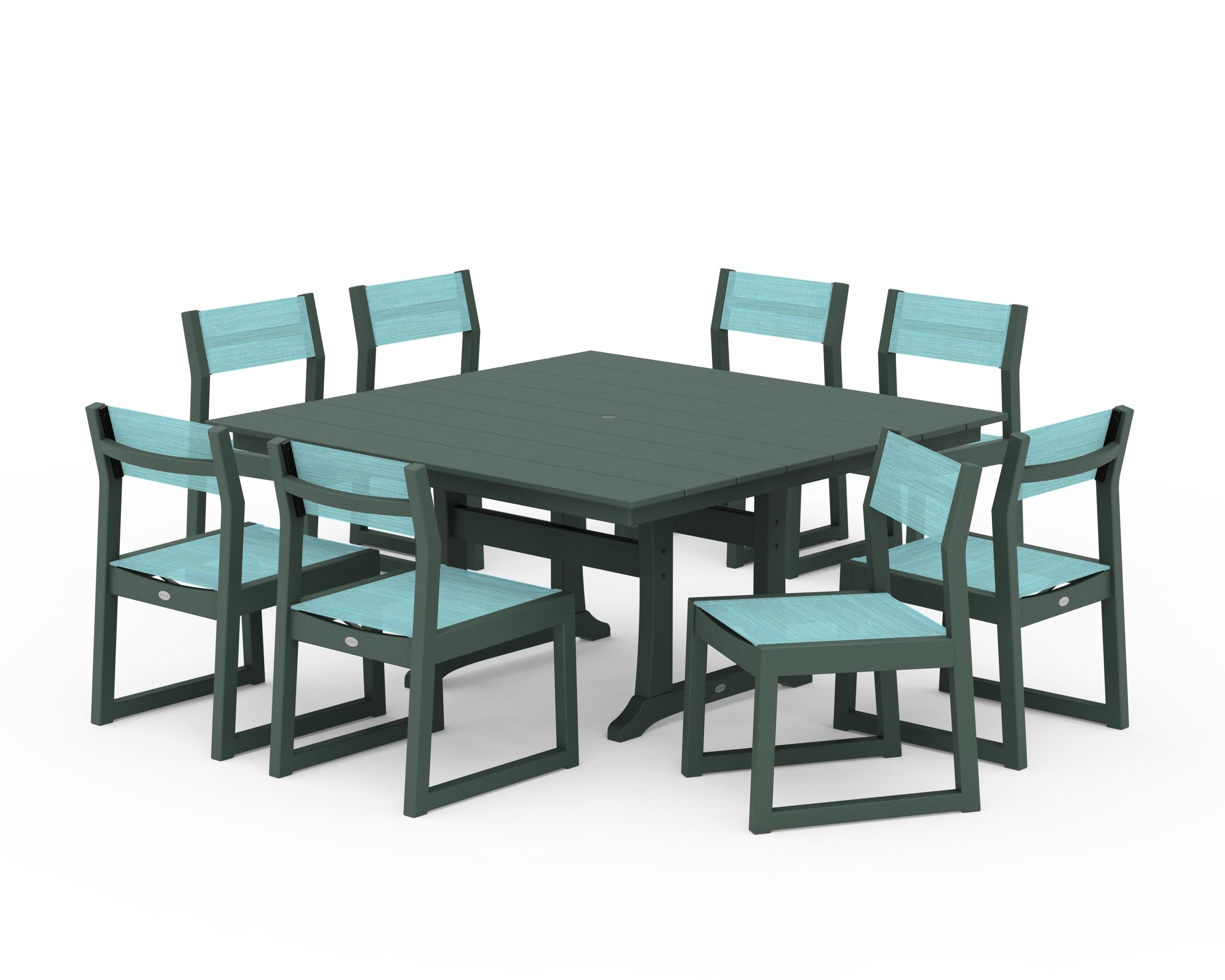 POLYWOOD EDGE Sling Side Chair 9-Piece Farmhouse Trestle Dining Set in Green / Dupioni Aquamarine Sling