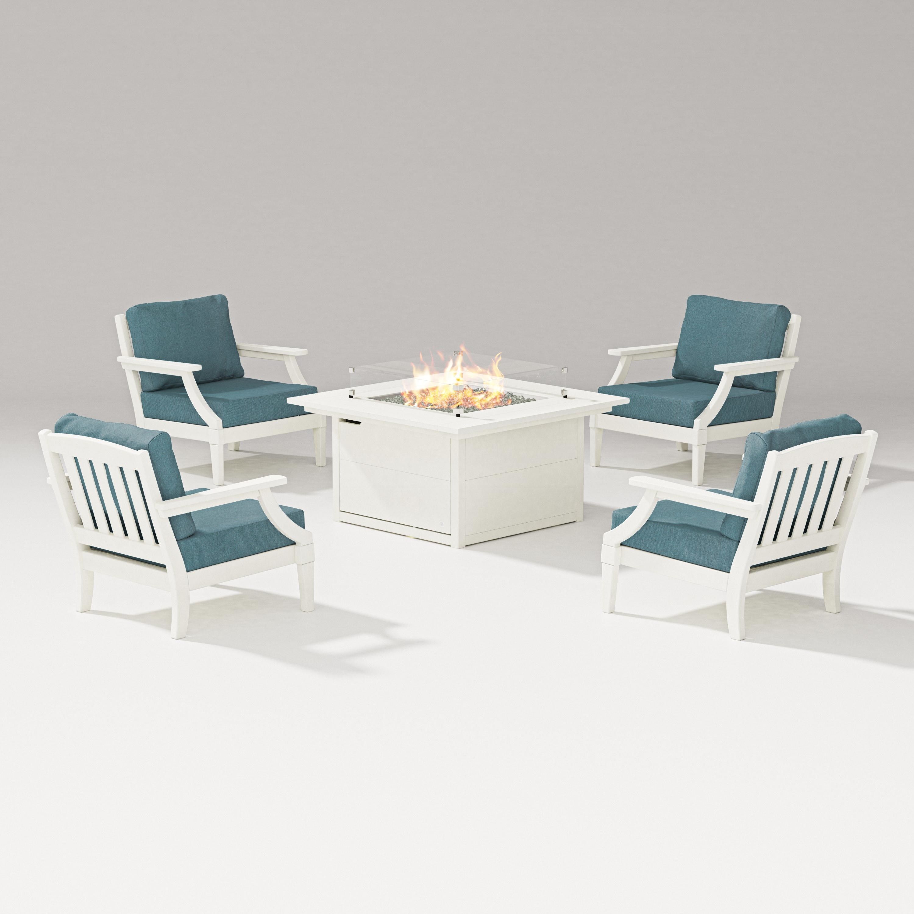 PW Designer Series Estate 5-Piece Lounge Fire Table Set in Vintage White / Ocean Teal