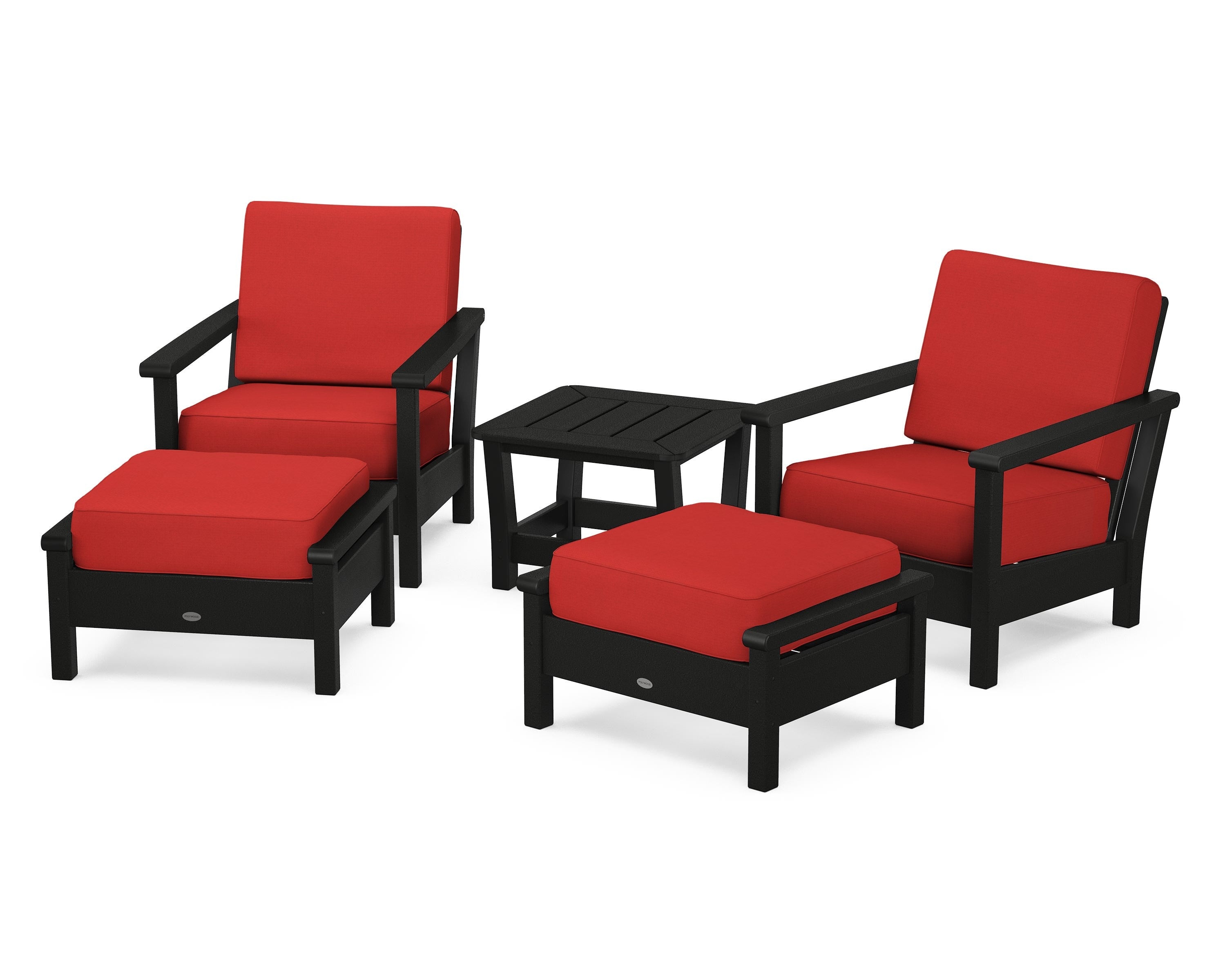 POLYWOOD Harbour 5-Piece Deep Seating Chair Set in Black / Crimson Linen