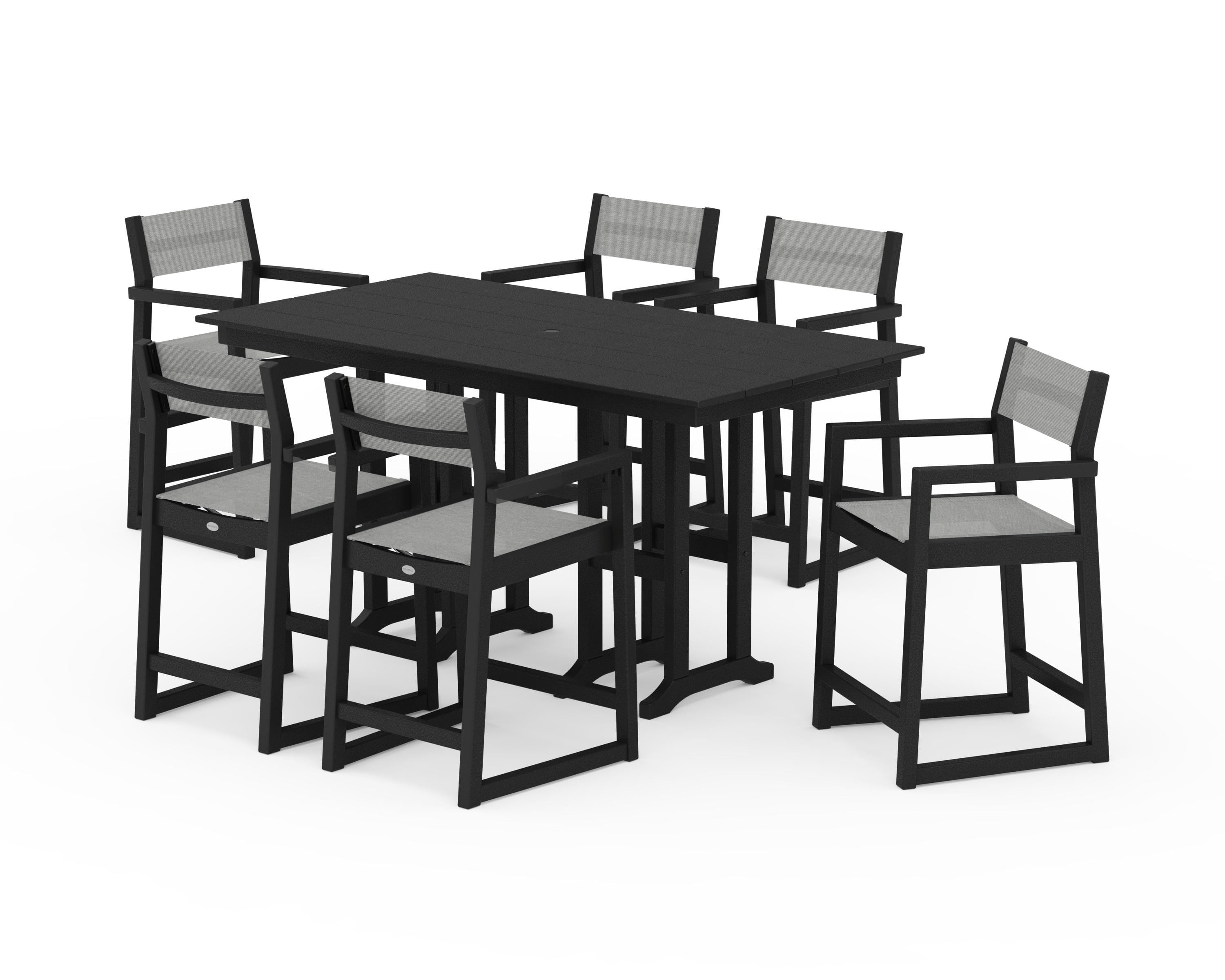 POLYWOOD EDGE Sling Arm Chair 7-Piece Farmhouse Counter Set in Black / Metallic Sling
