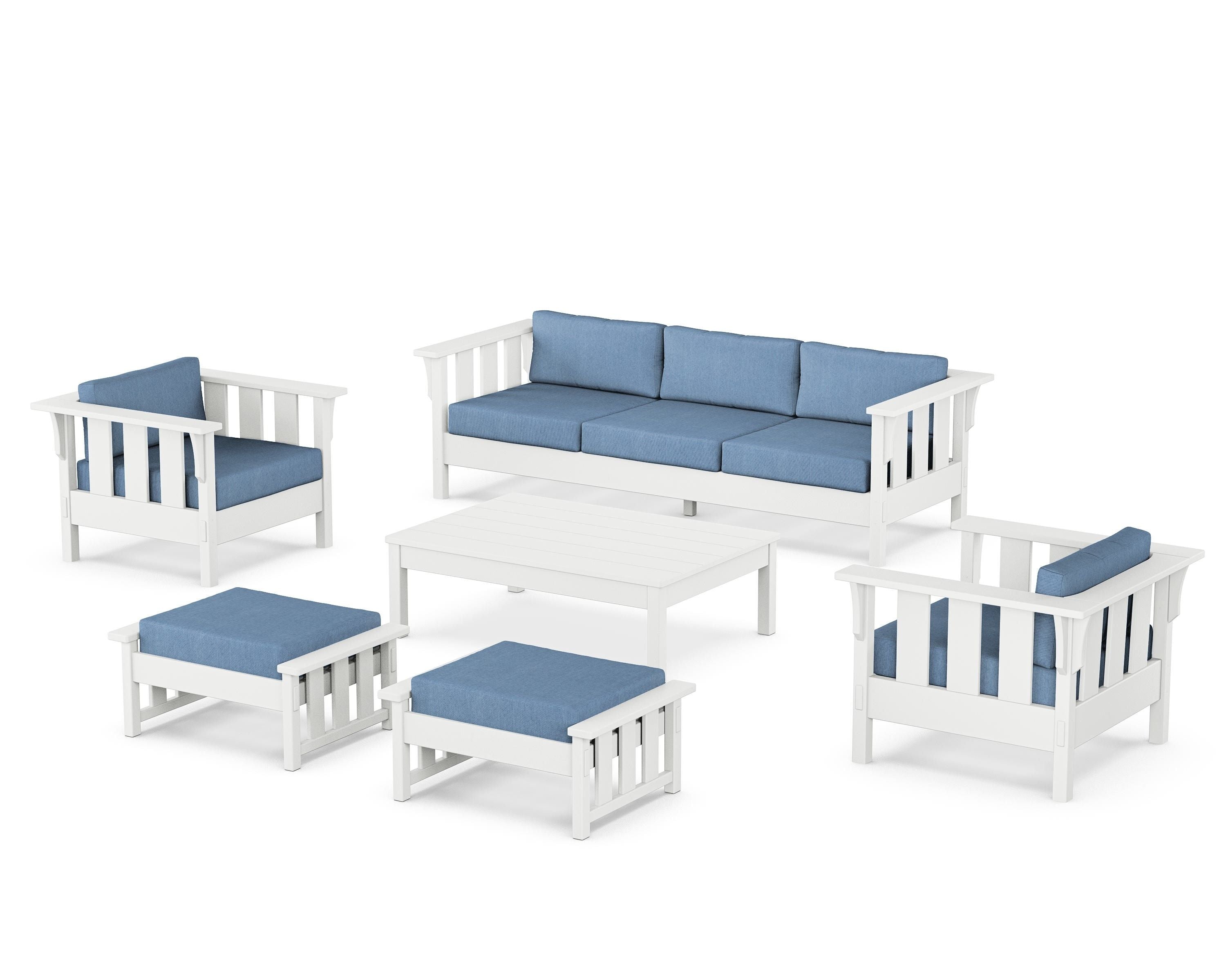 Martha Stewart by POLYWOOD Acadia 6-Piece Lounge Sofa Set in White / Sky Blue