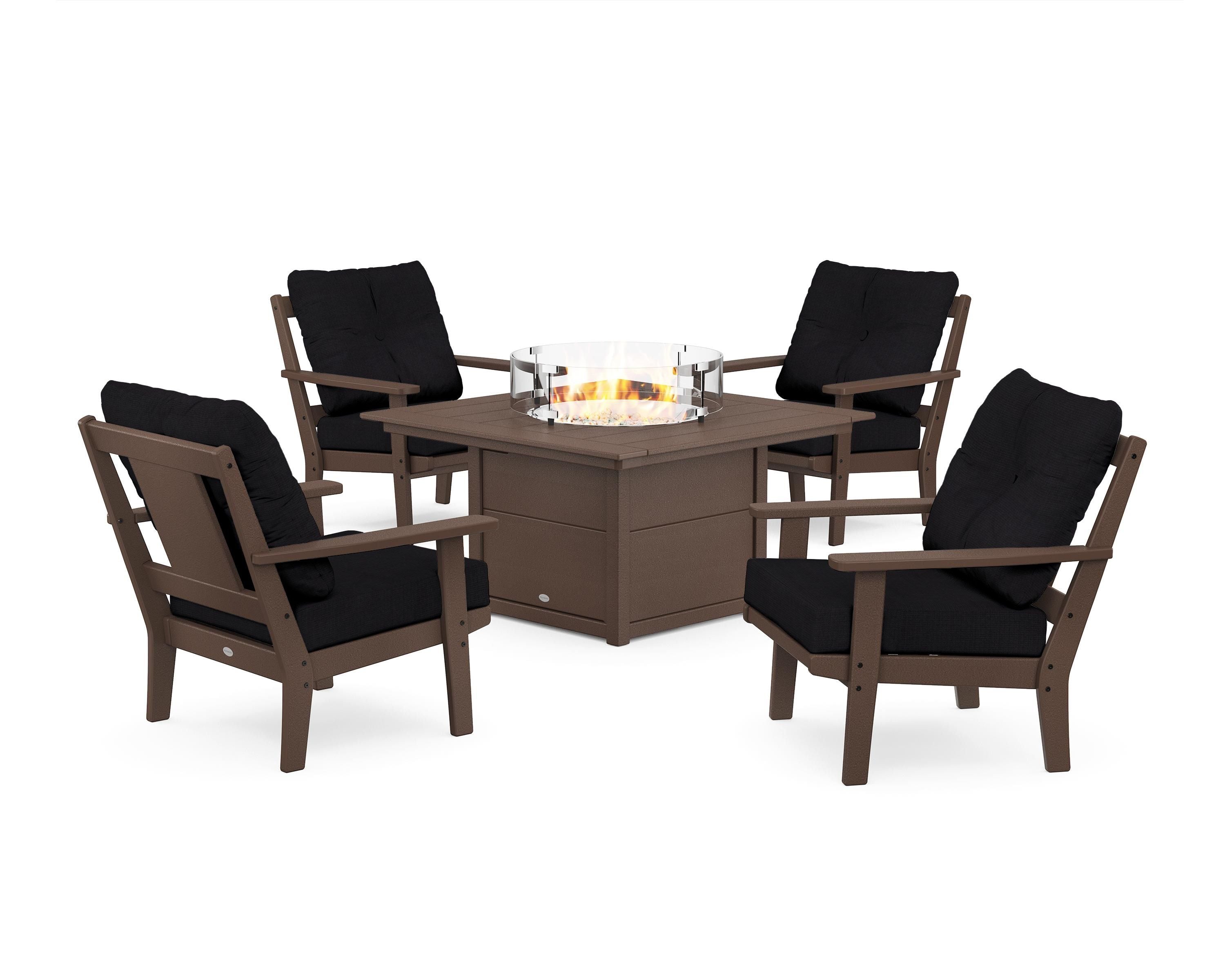 POLYWOOD Prairie 5-Piece Deep Seating Set with Fire Pit Table in Mahogany / Midnight Linen
