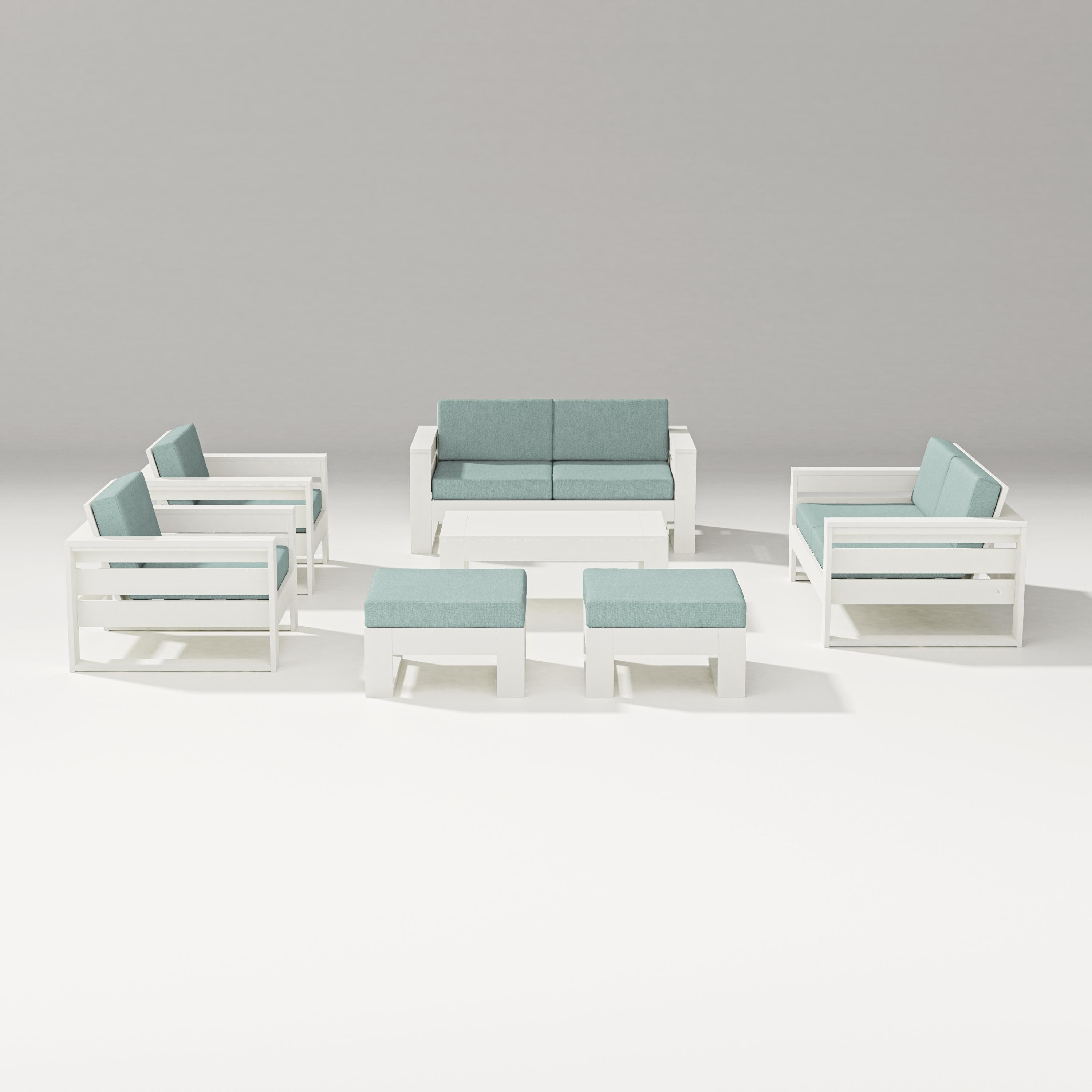 PW Designer Series Latitude 7-Piece Lounge Loveseat Set in Vintage White / Glacier Spa