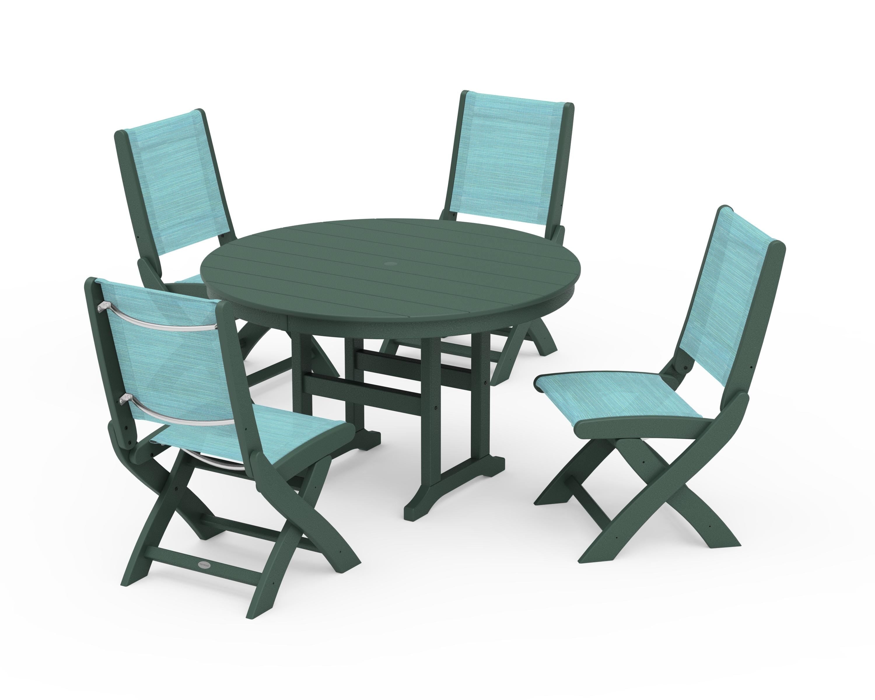 POLYWOOD Coastal Folding Side Chair 5-Piece Round Dining Set in Green / Dupioni Aquamarine Sling