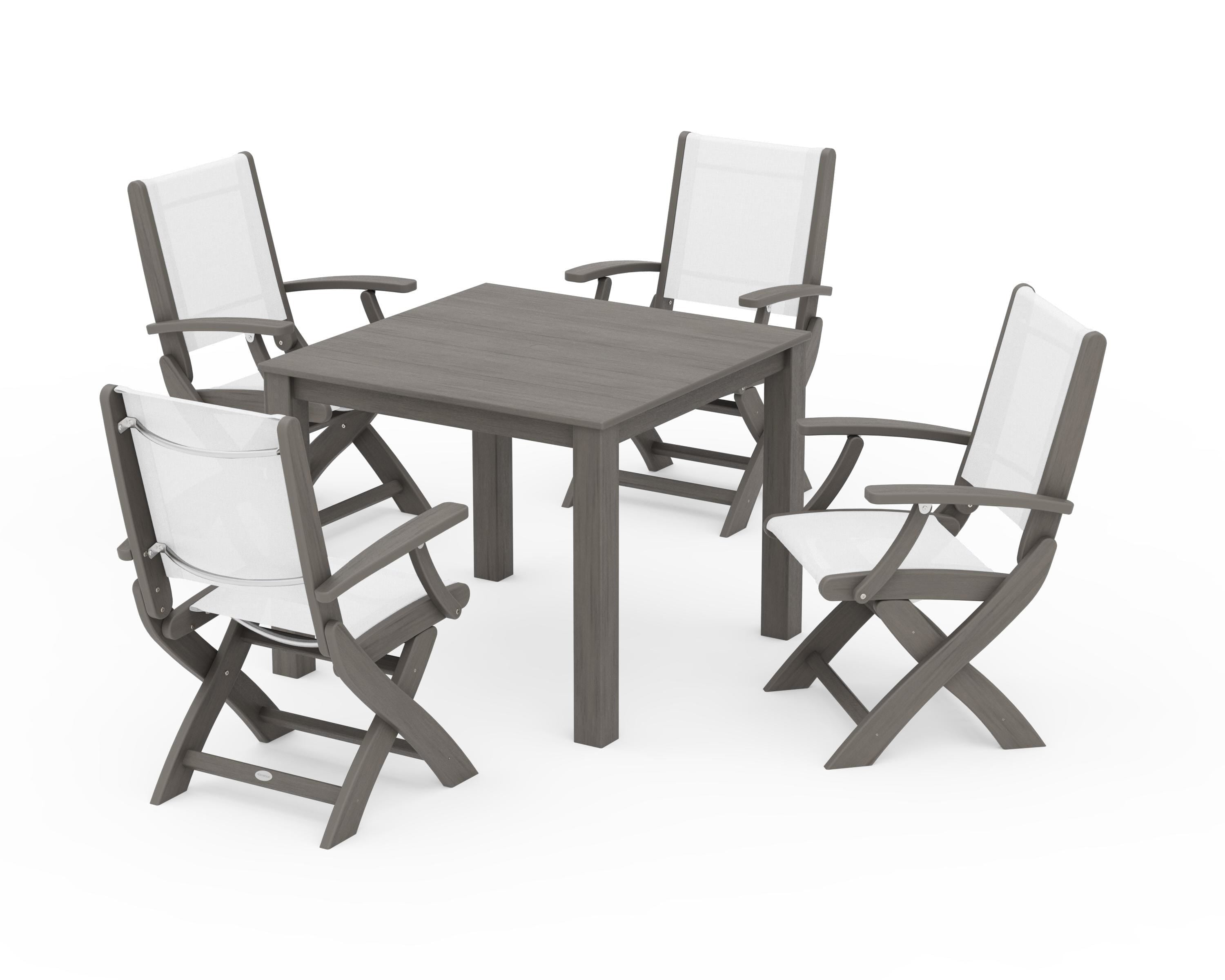 POLYWOOD Coastal Folding Chair 5-Piece Parsons Dining Set in Driftwood / White Sling