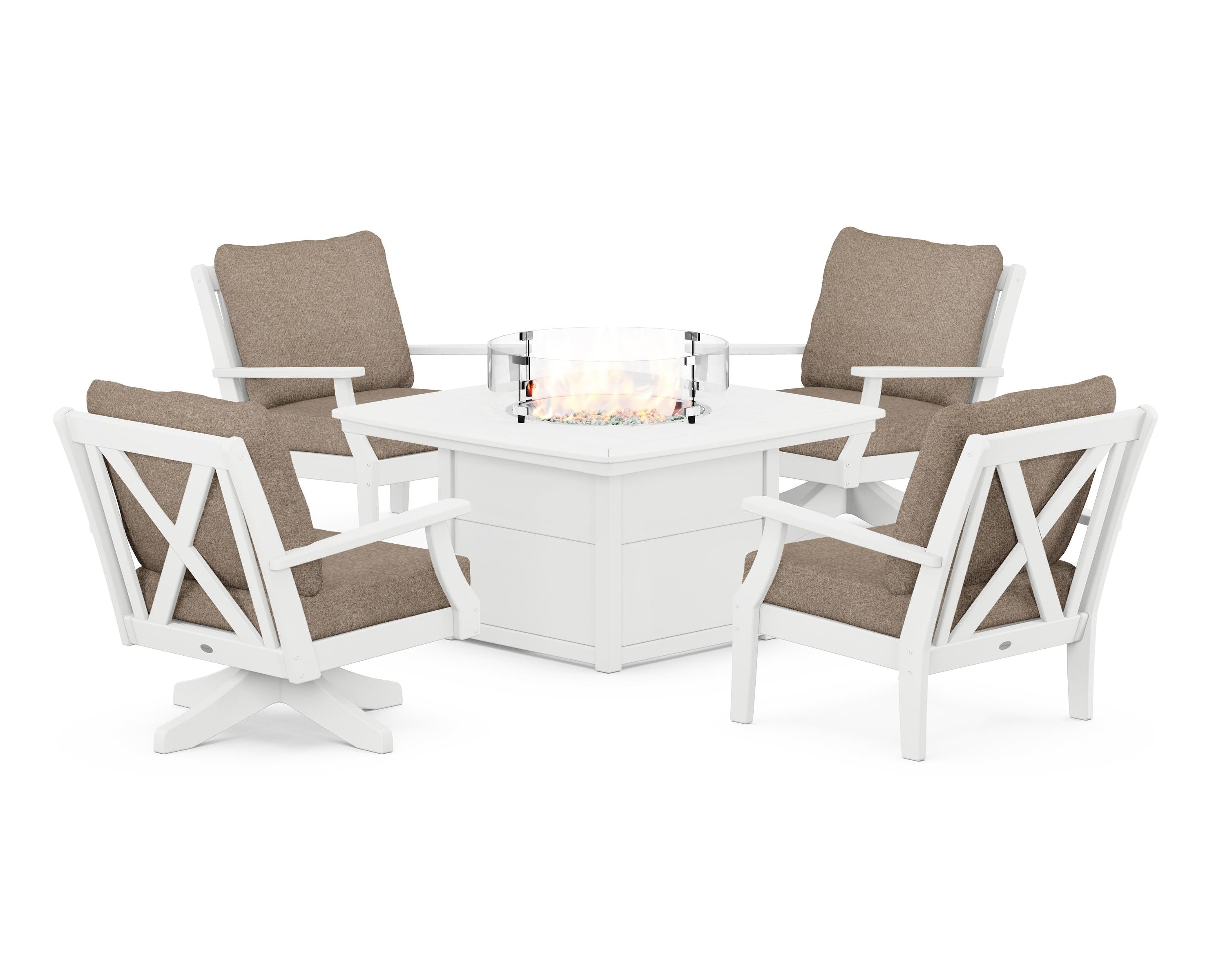 POLYWOOD Braxton 5-Piece Deep Seating Set with Fire Table in White / Spiced Burlap