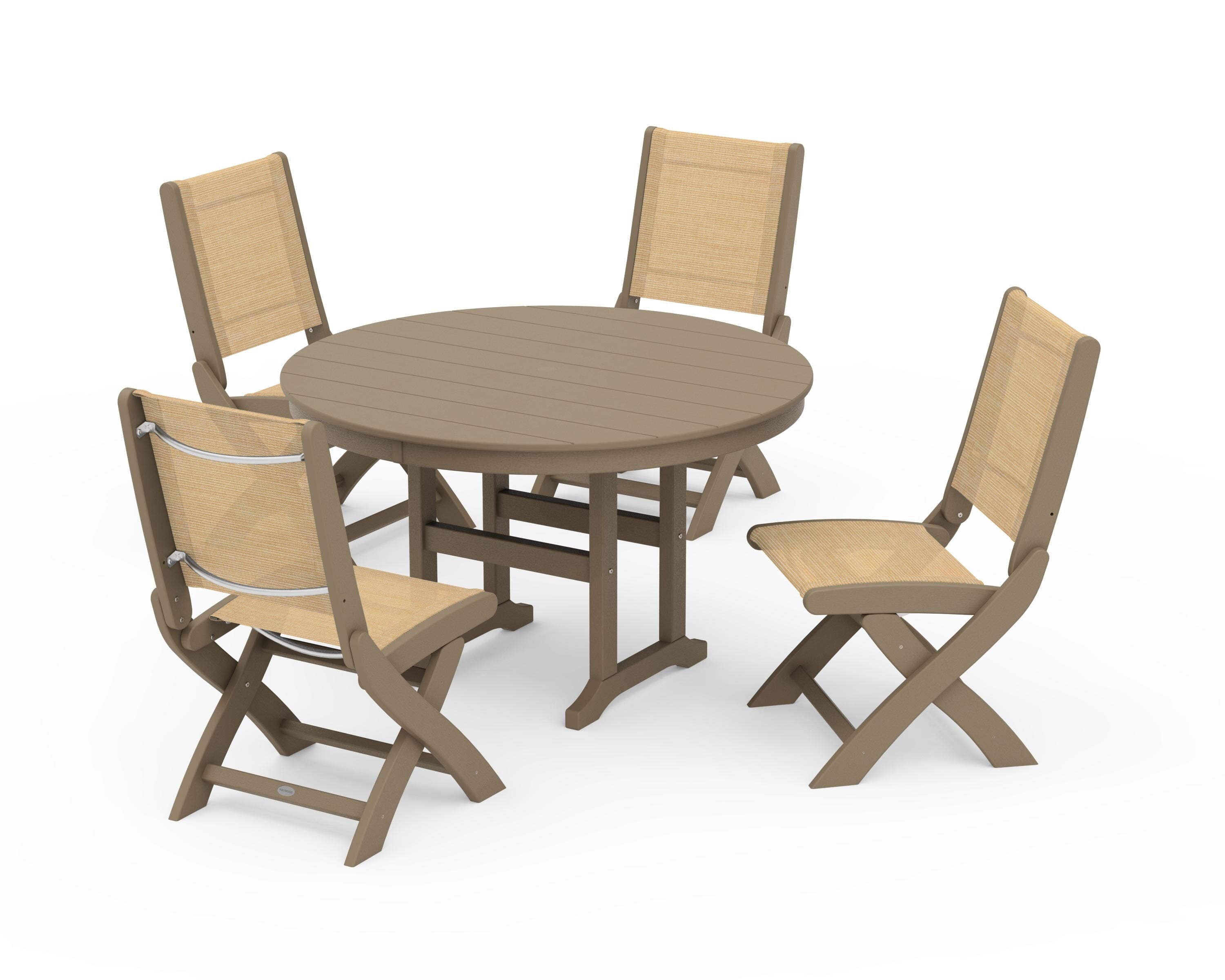 POLYWOOD Coastal Folding Side Chair 5-Piece Round Dining Set in Vintage Sahara / Dupioni Apricot Sling