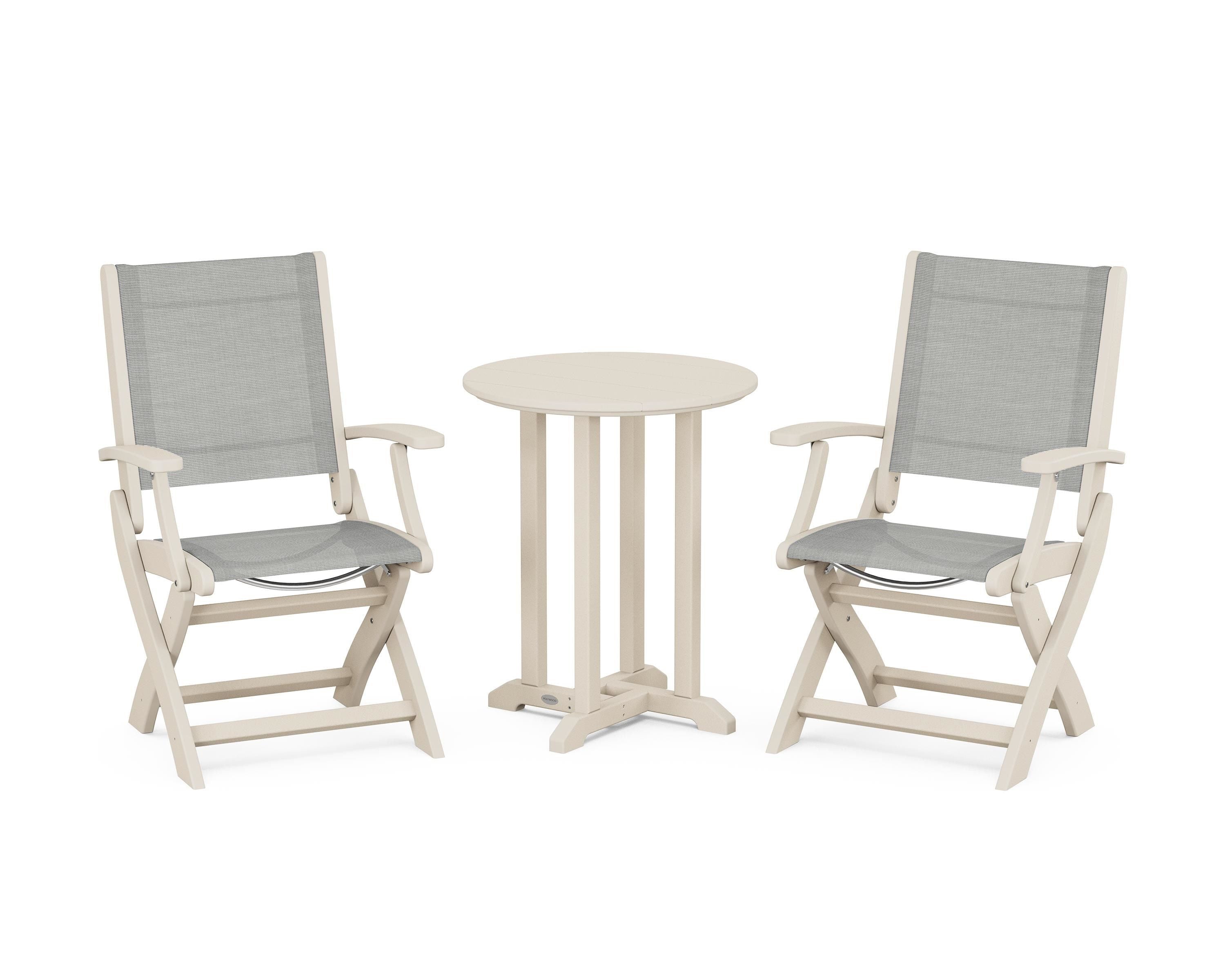 POLYWOOD Coastal Folding 3-Piece Round Bistro Dining Set in Sand / Metallic Sling