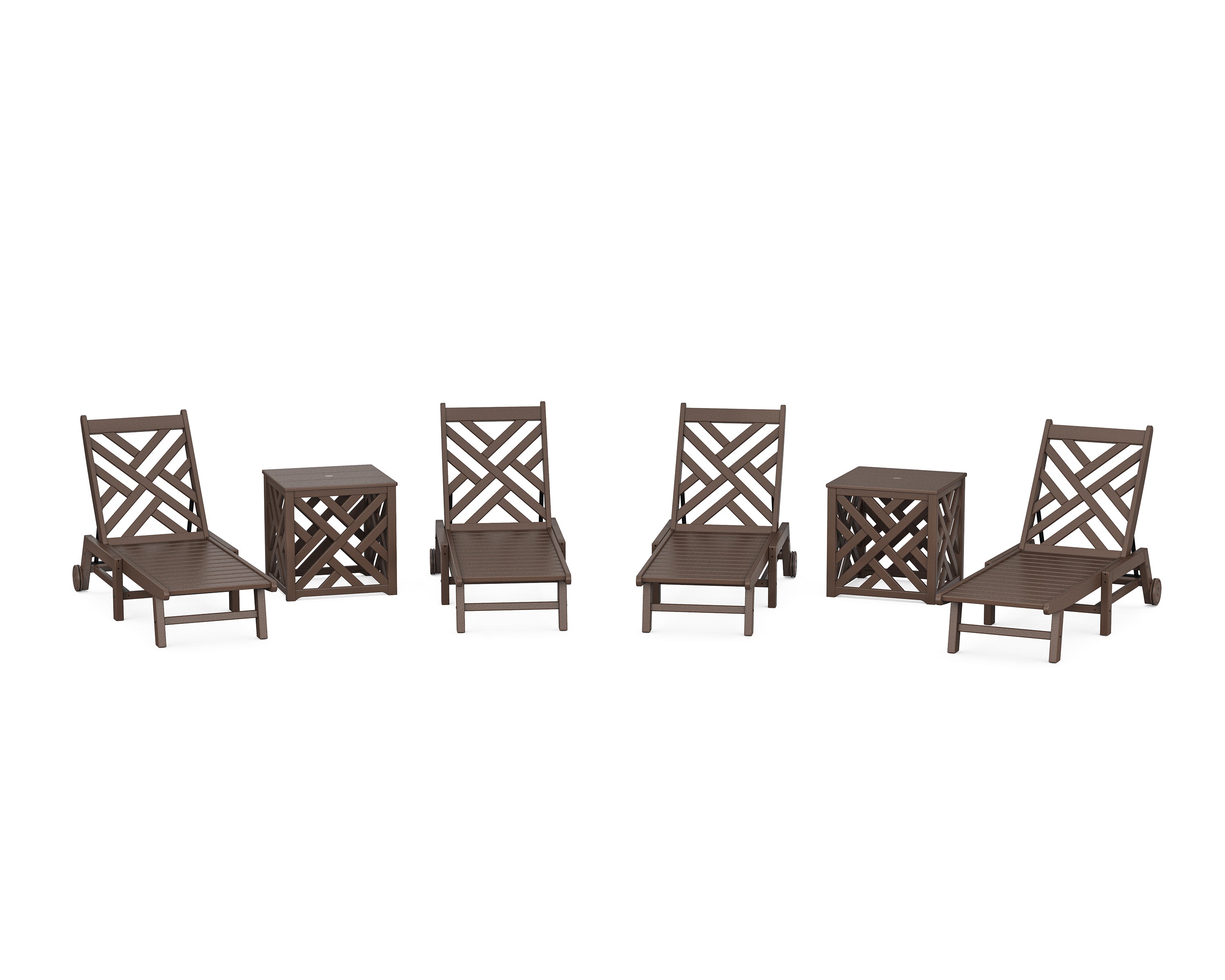 POLYWOOD Chippendale 6-Piece Chaise Set with Wheels and Umbrella Stand Accent Table in Mahogany