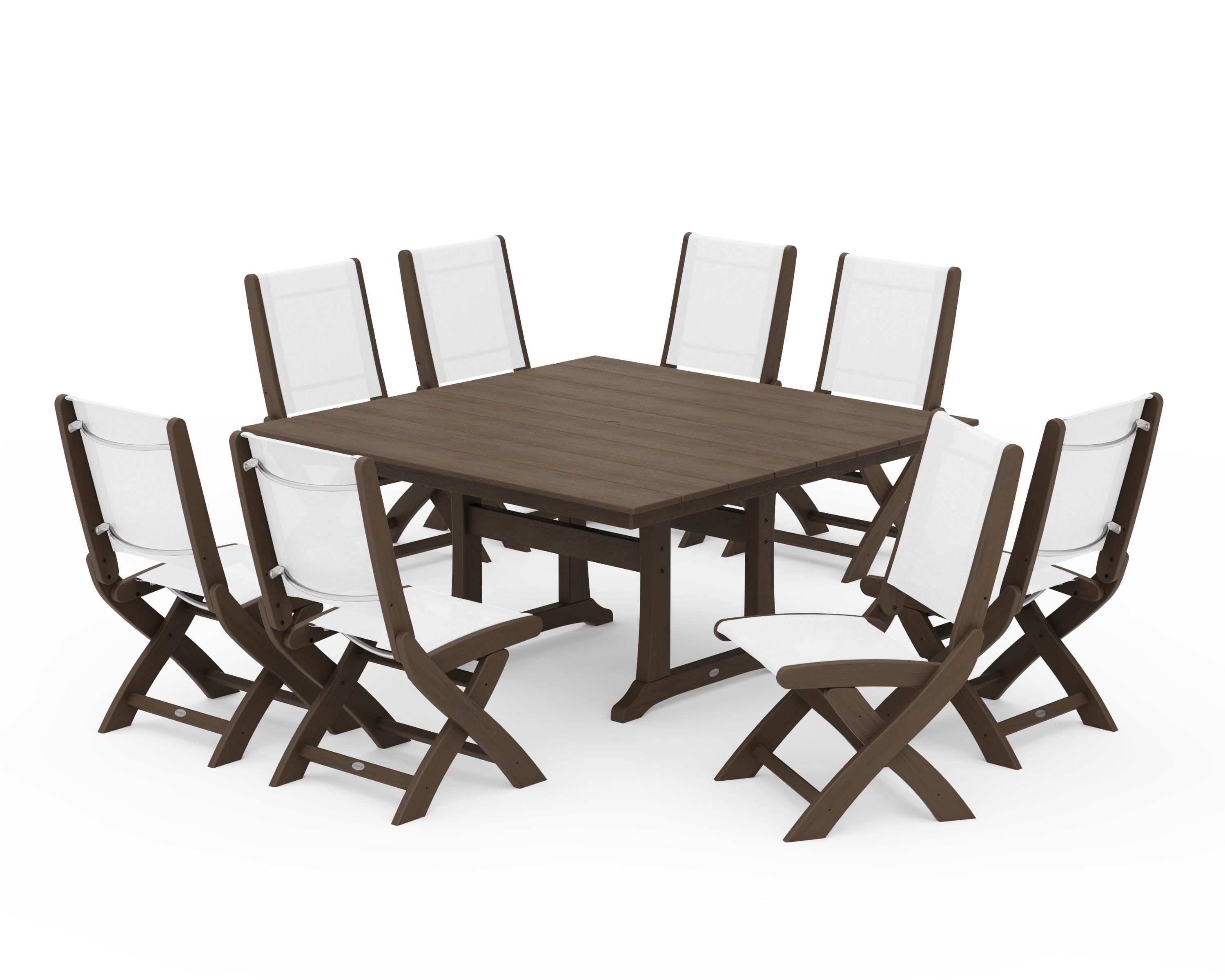 POLYWOOD Coastal Folding Side Chair 9-Piece Farmhouse Dining Set in Kona / White Sling