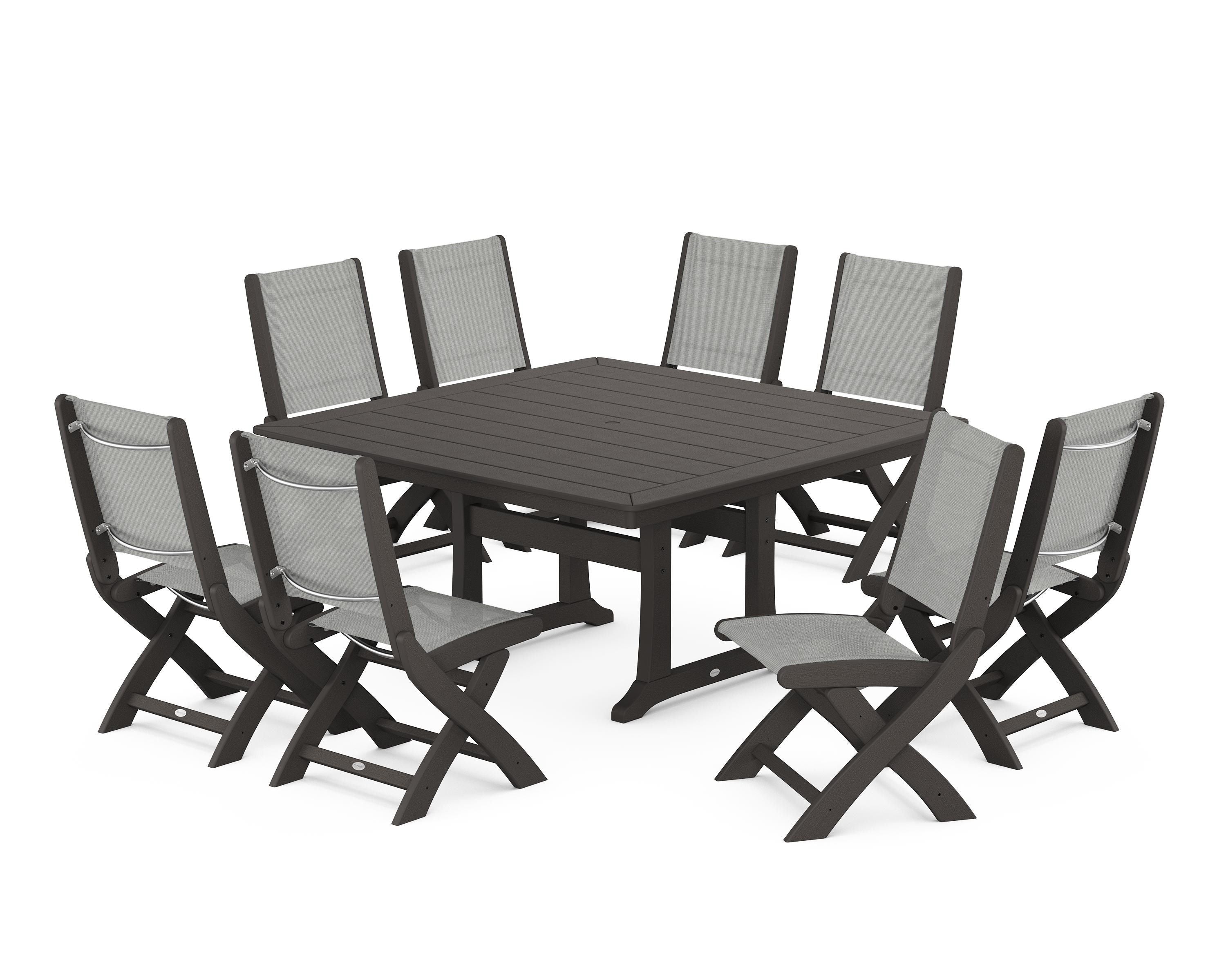 POLYWOOD Coastal Folding Side Chair 9-Piece Dining Set with Trestle Legs in Vintage Coffee / Metallic Sling