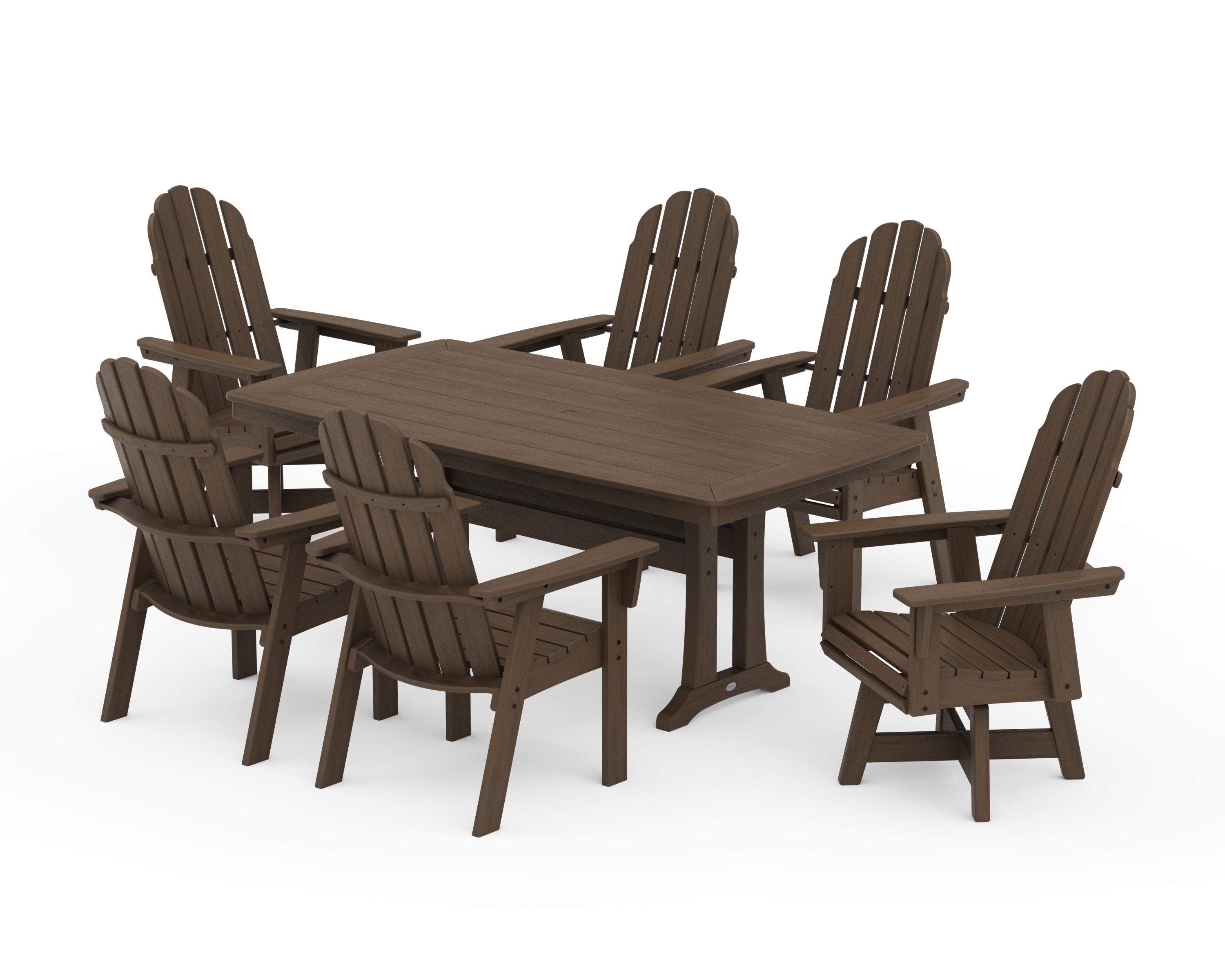 POLYWOOD Vineyard Curveback Adirondack Swivel Chair 7-Piece Dining Set with Trestle Legs in Kona