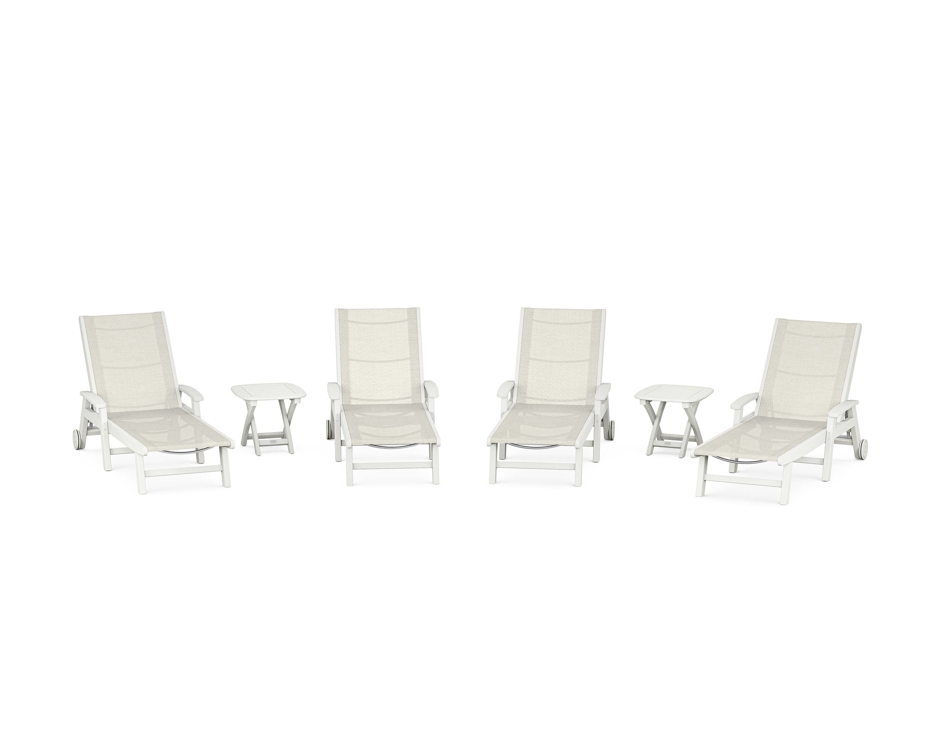 POLYWOOD Coastal Chaise 6-Piece Set with Wheels in Vintage White / Parchment Sling