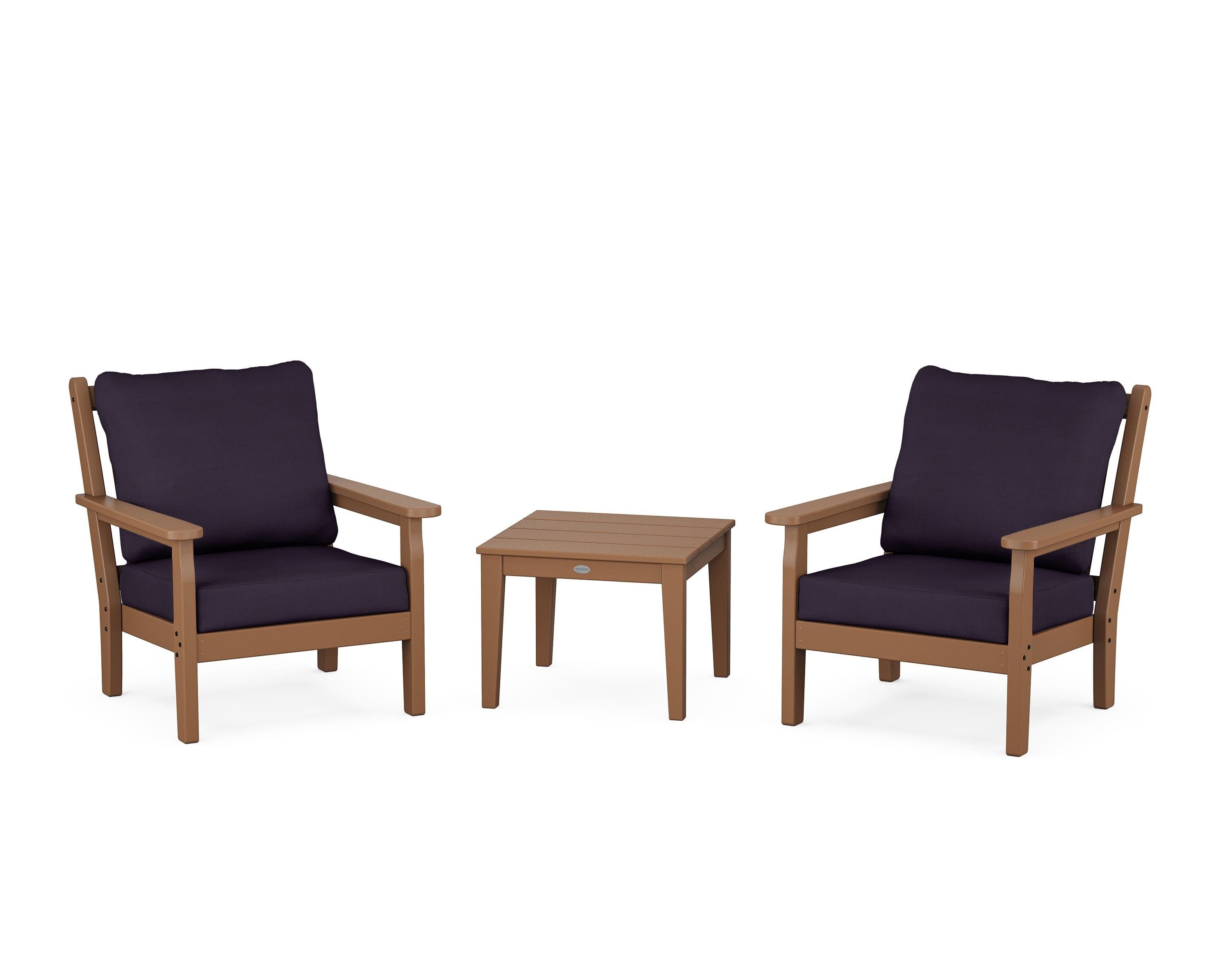 POLYWOOD Chippendale 3-Piece Deep Seating Set in Teak / Navy Linen