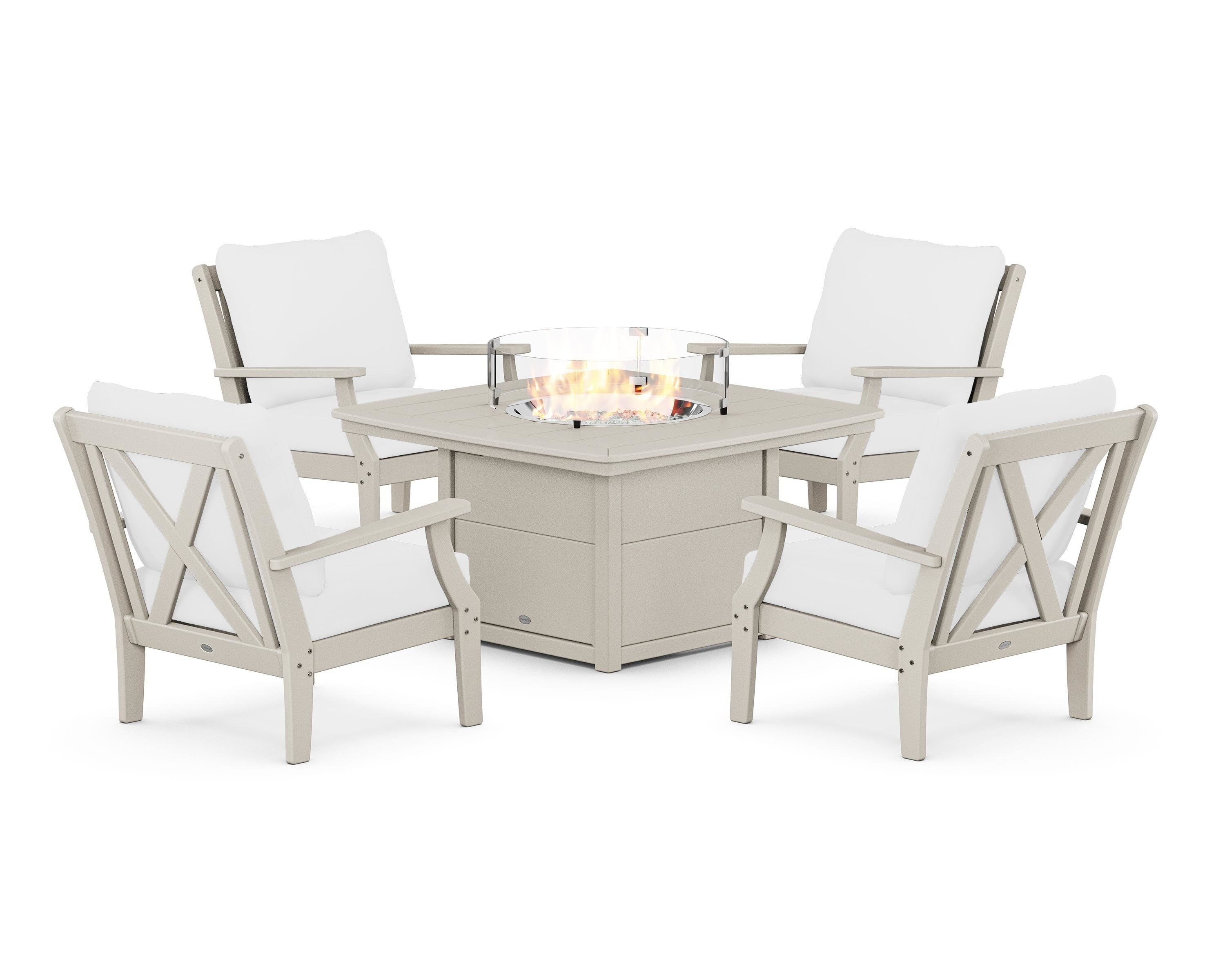 POLYWOOD Braxton 5-Piece Deep Seating Conversation Set with Fire Pit Table in Sand / Natural