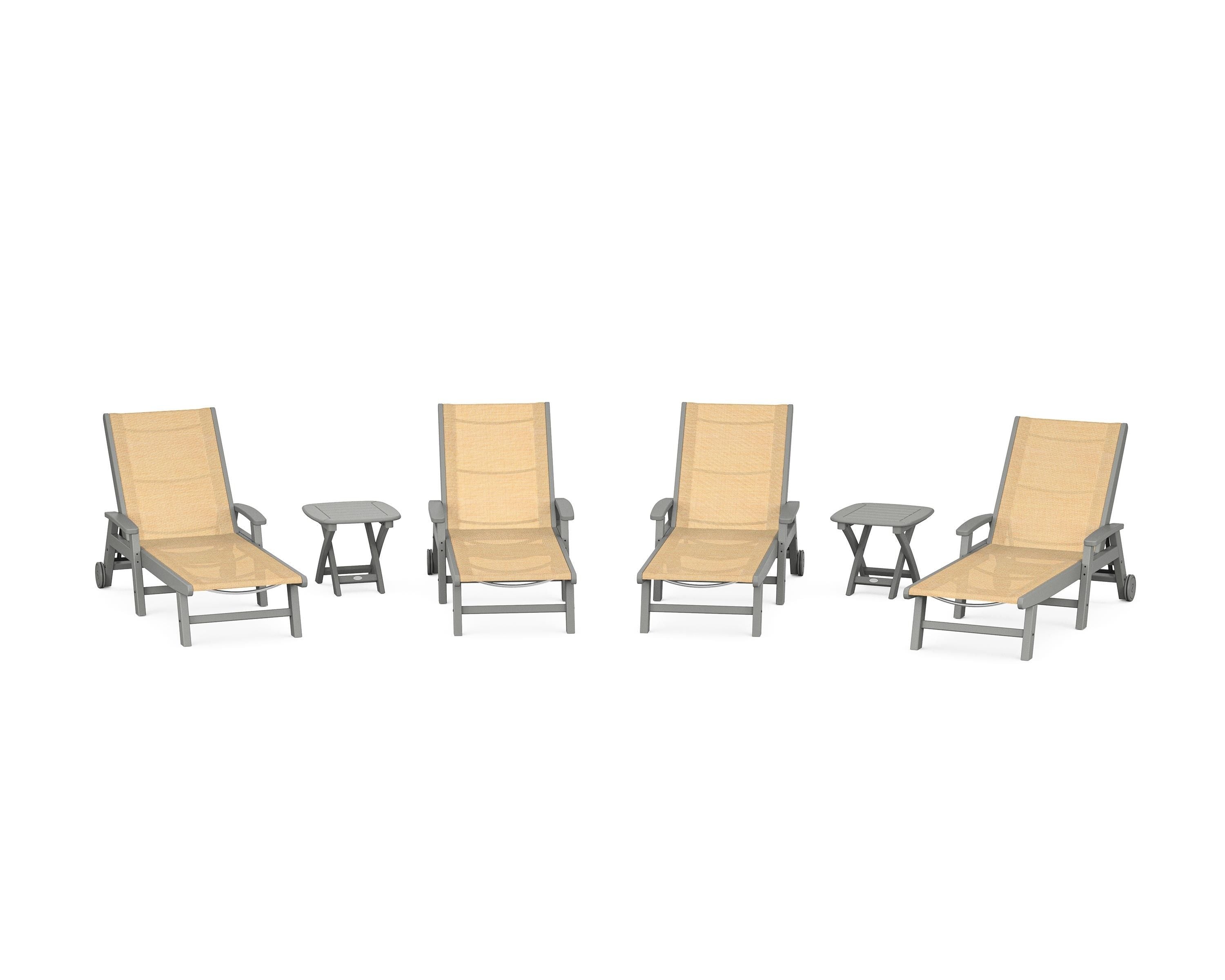 POLYWOOD Coastal Chaise 6-Piece Set with Wheels in Slate Grey / Dupioni Apricot Sling