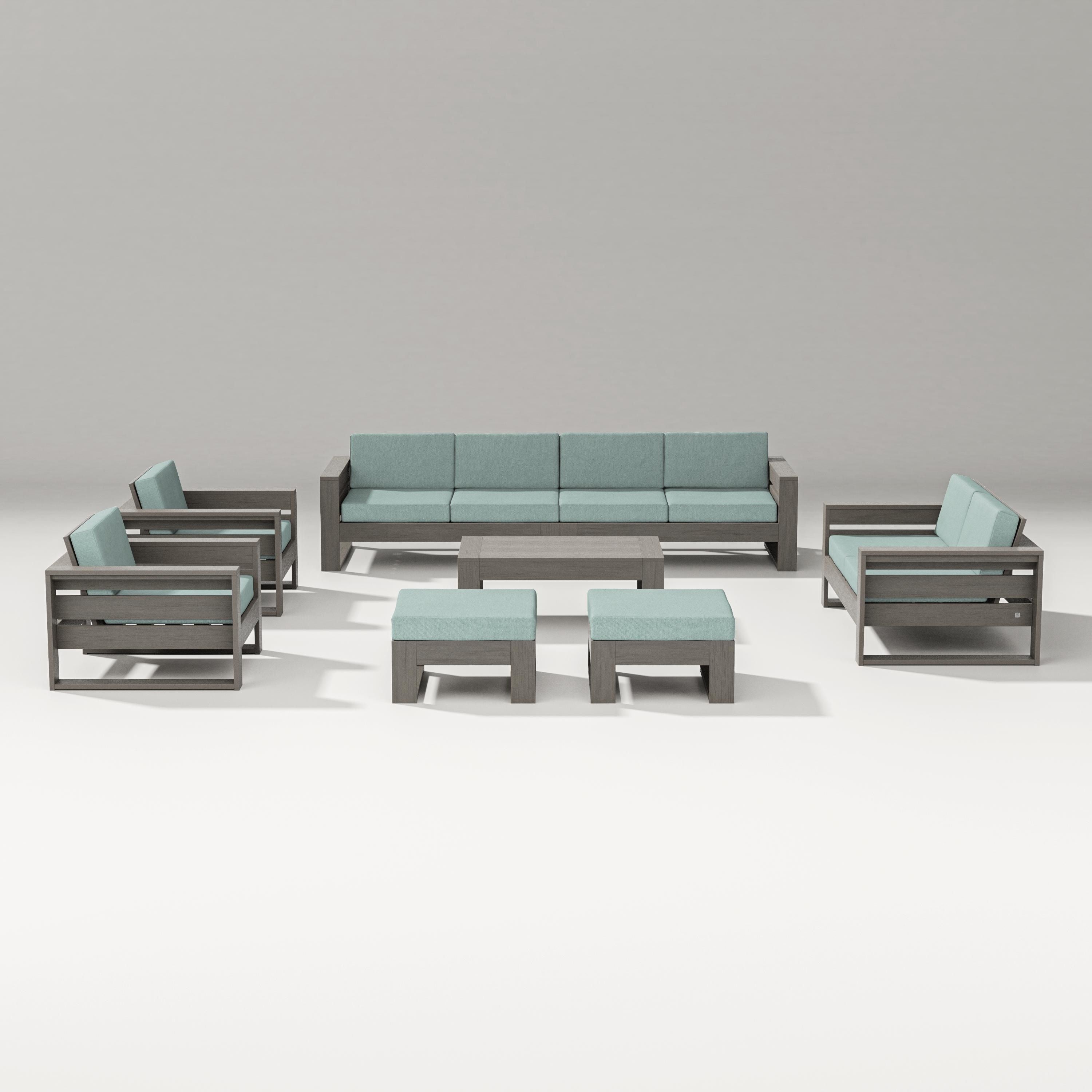 PW Designer Series Latitude 8-Piece Lounge Sofa Set in Driftwood / Glacier Spa