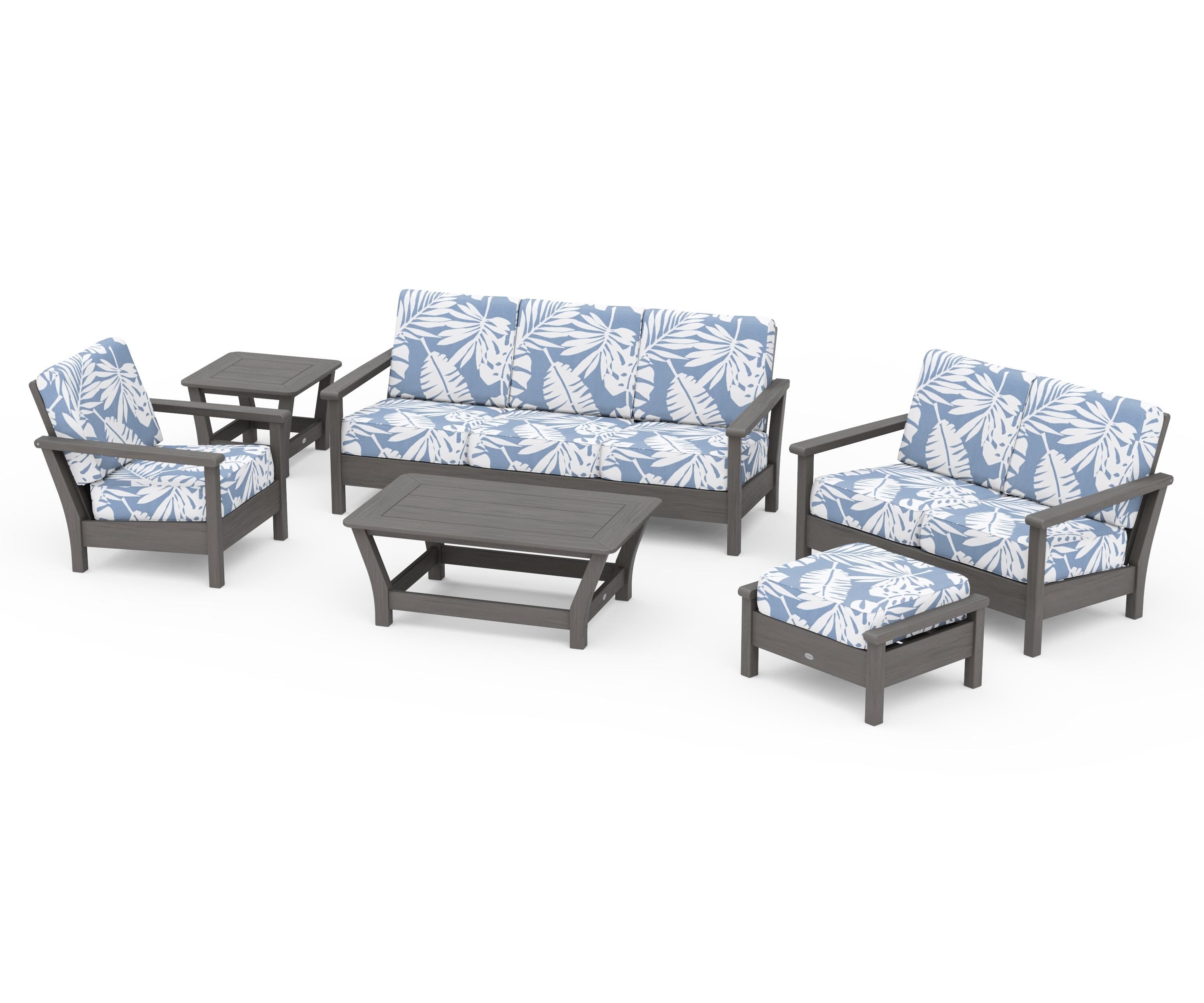 POLYWOOD Harbour 6-Piece Outdoor Living Set in Driftwood / Leaf Sky Blue