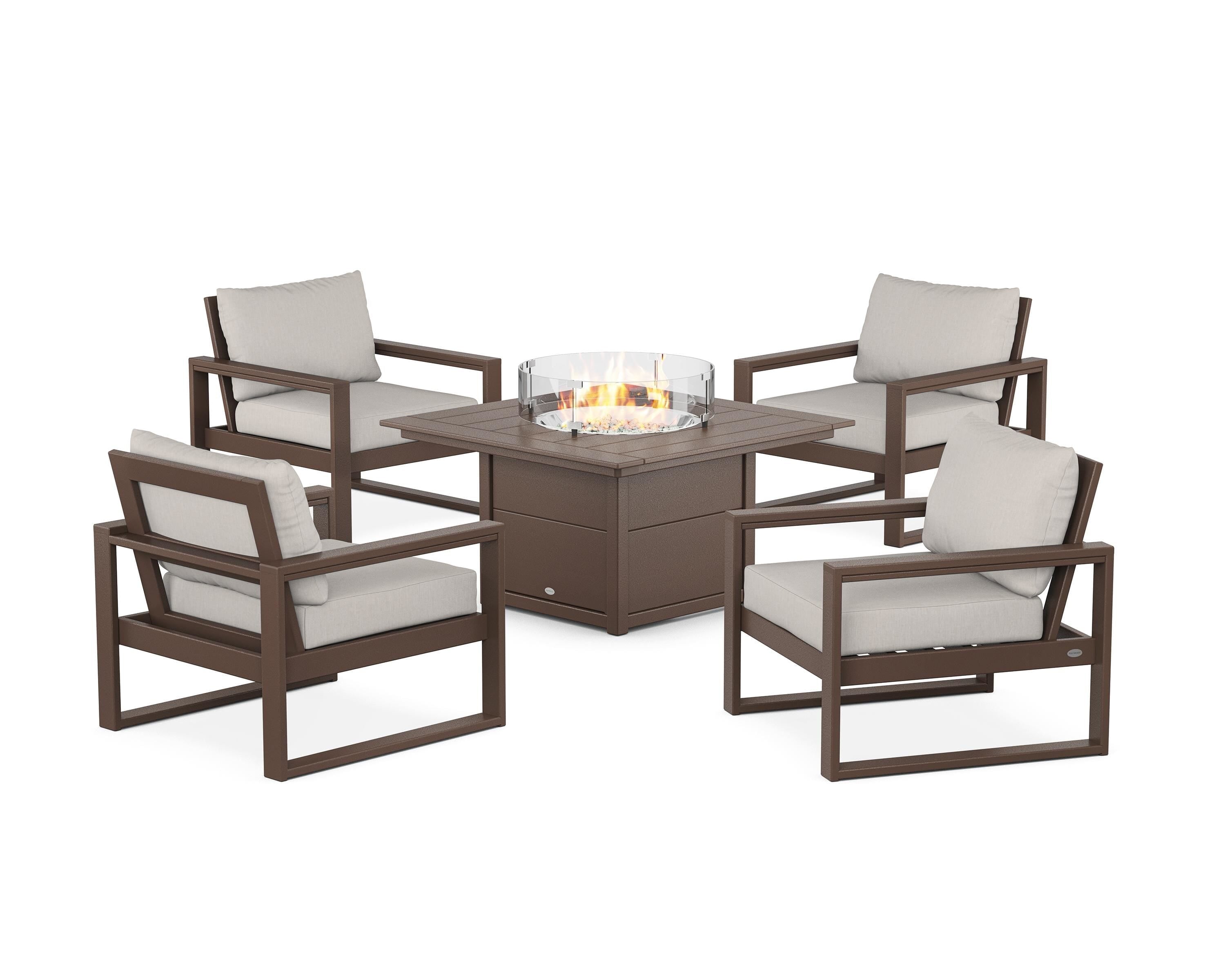 POLYWOOD EDGE Sectional 5-Piece Deep Seating Set with Fire Pit Table in Mahogany / Cast Ash