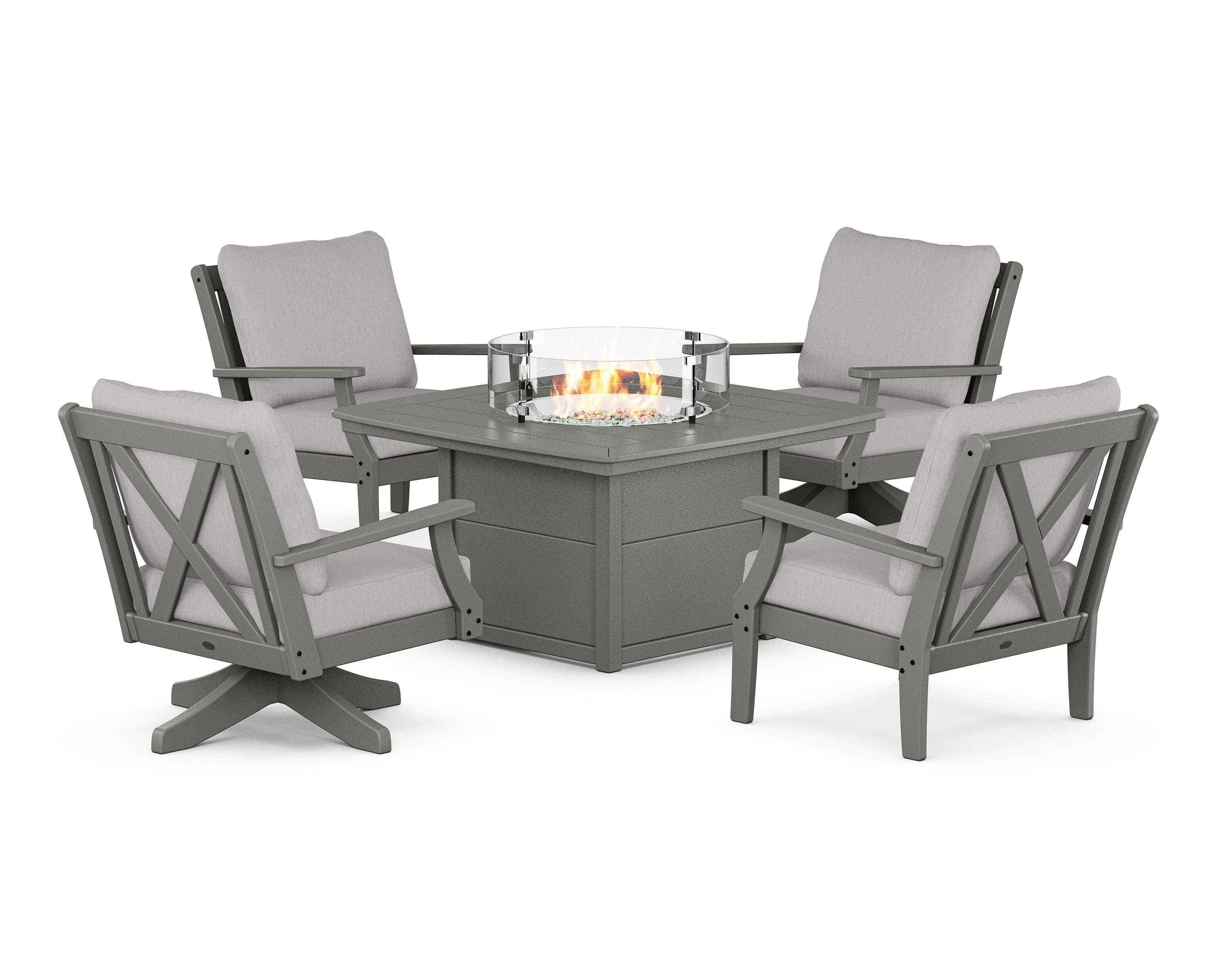 POLYWOOD Braxton 5-Piece Deep Seating Set with Fire Table in Slate Grey / Granite
