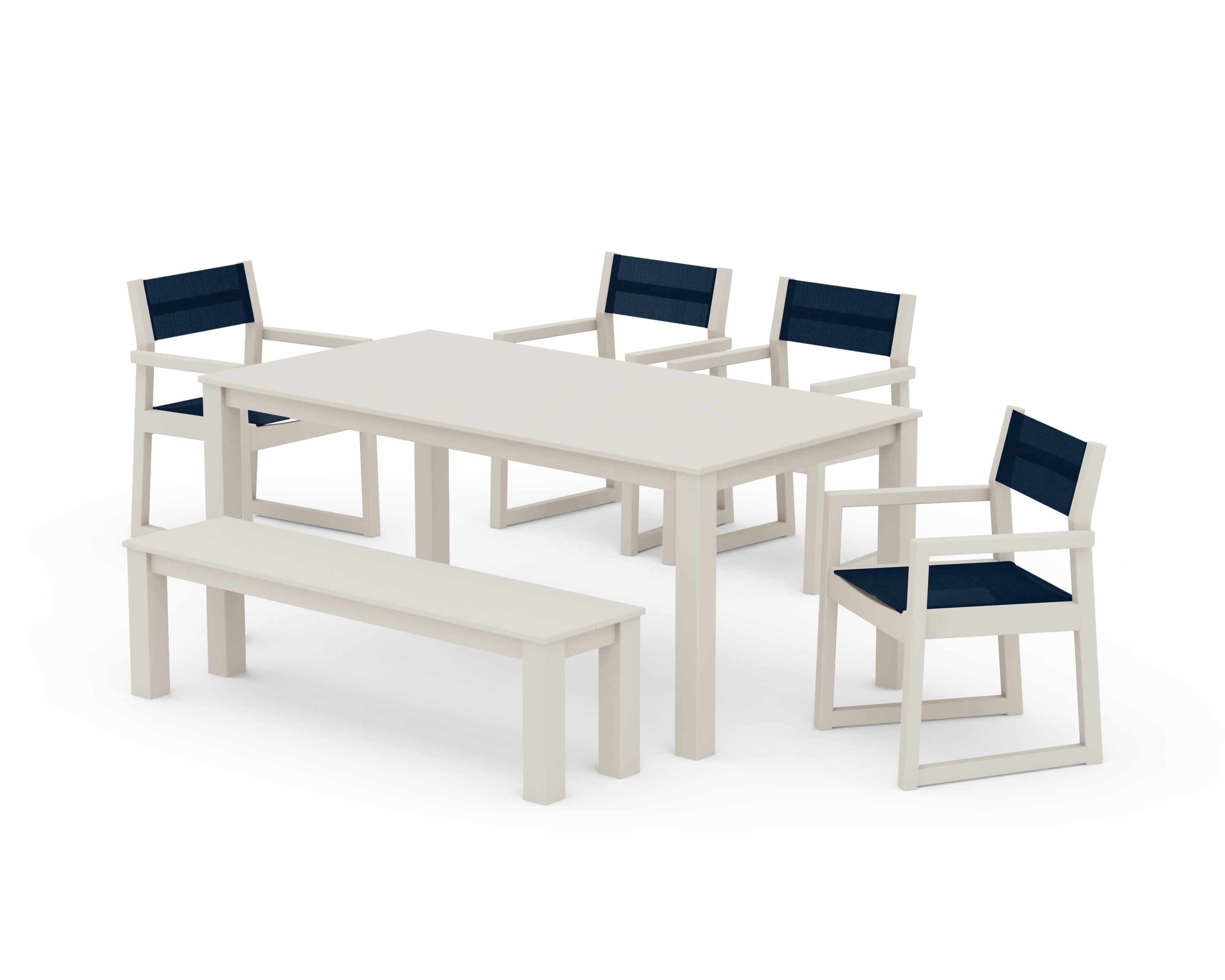 POLYWOOD EDGE Sling Arm Chair 6-Piece Parsons Dining Set with Bench in Sand / Navy Blue Sling