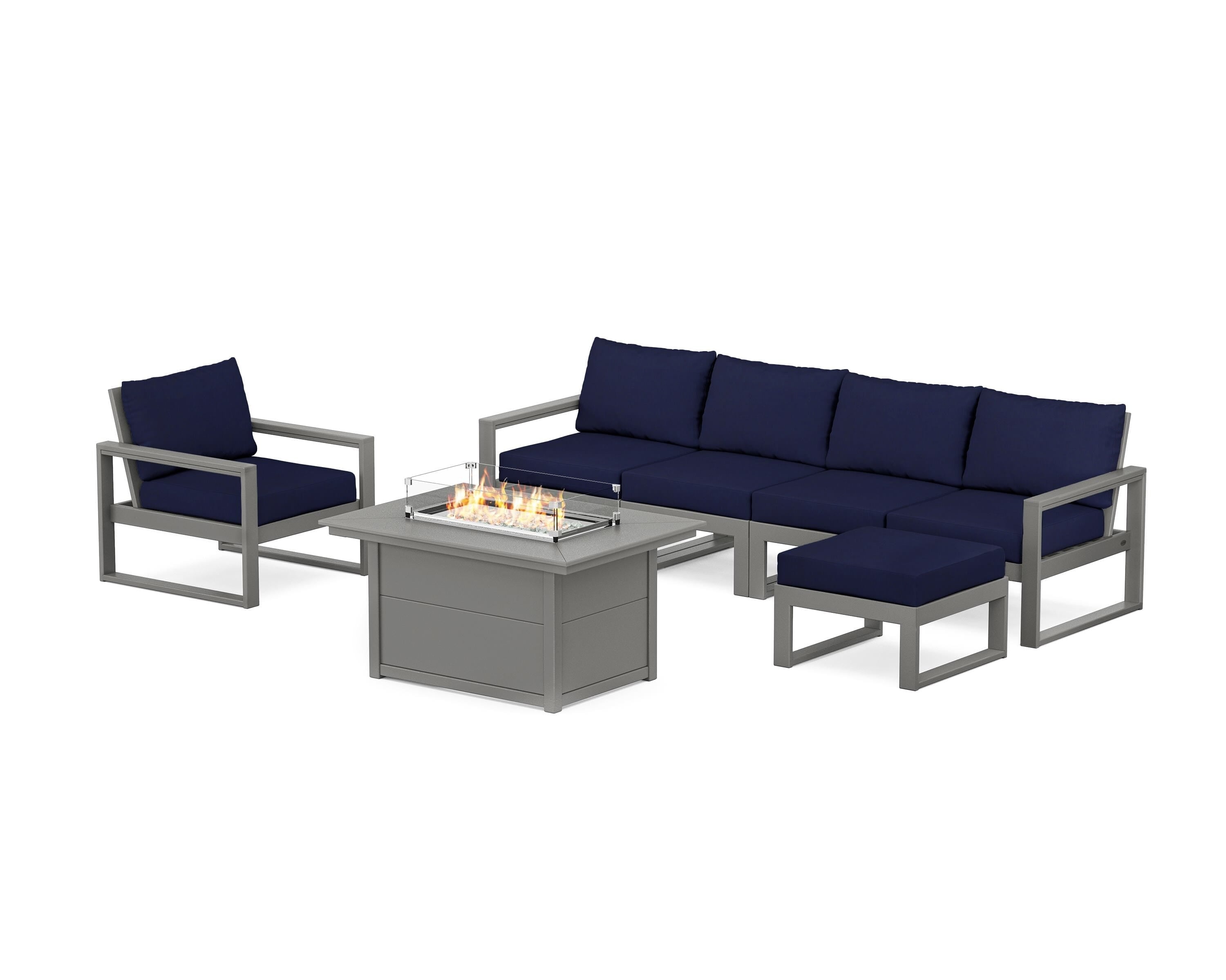POLYWOOD EDGE Sectional Lounge and Fire Pit Set in Slate Grey / Navy
