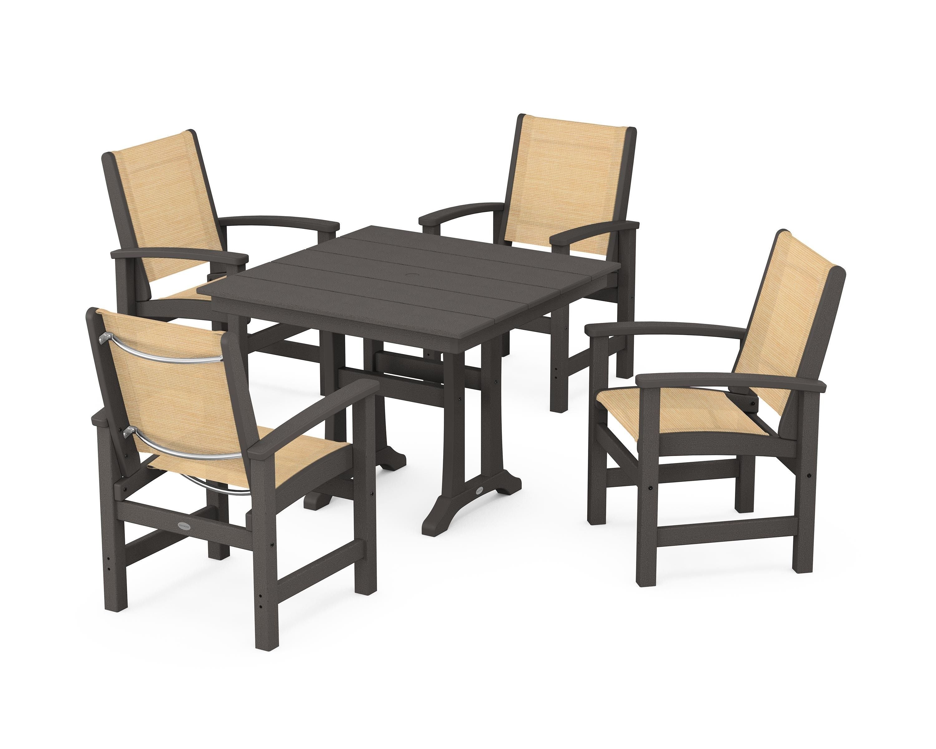 POLYWOOD Coastal 5-Piece Farmhouse Dining Set With Trestle Legs in Vintage Coffee / Dupioni Apricot Sling