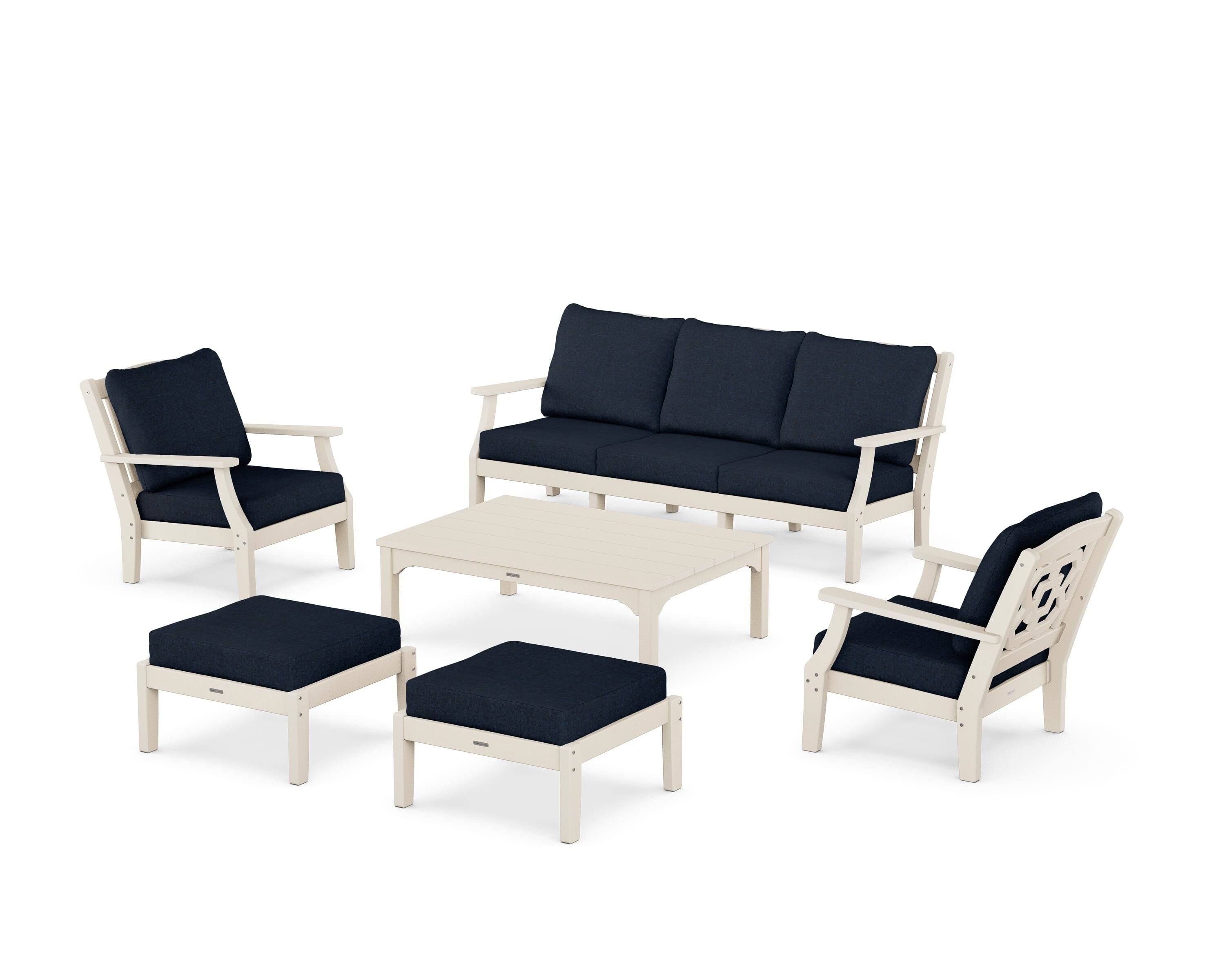 Martha Stewart by POLYWOOD Chinoiserie 6-Piece Lounge Sofa Set in Sand / Marine Indigo