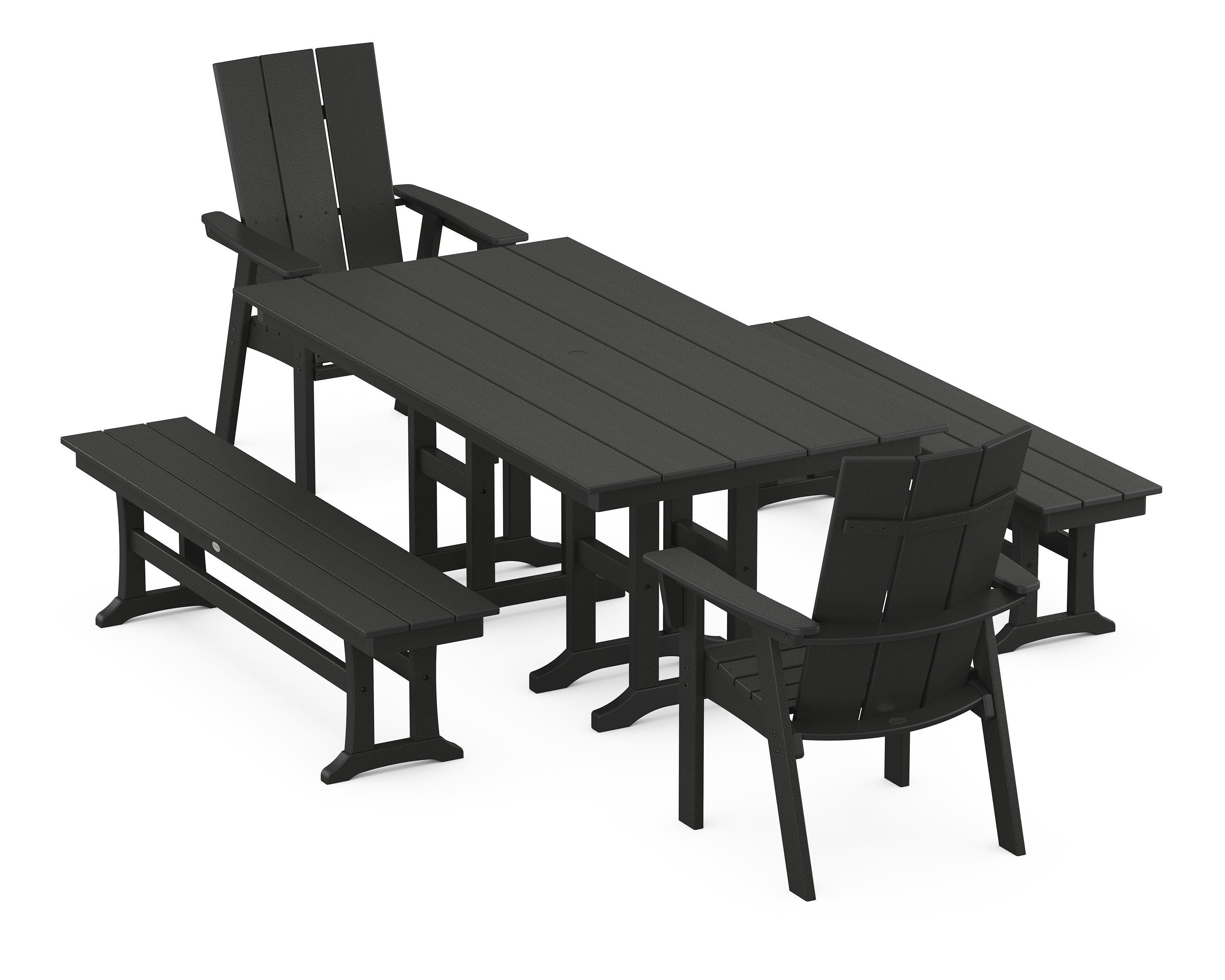 POLYWOOD® Modern Curveback Adirondack 5-Piece Farmhouse Dining Set with Benches in Black
