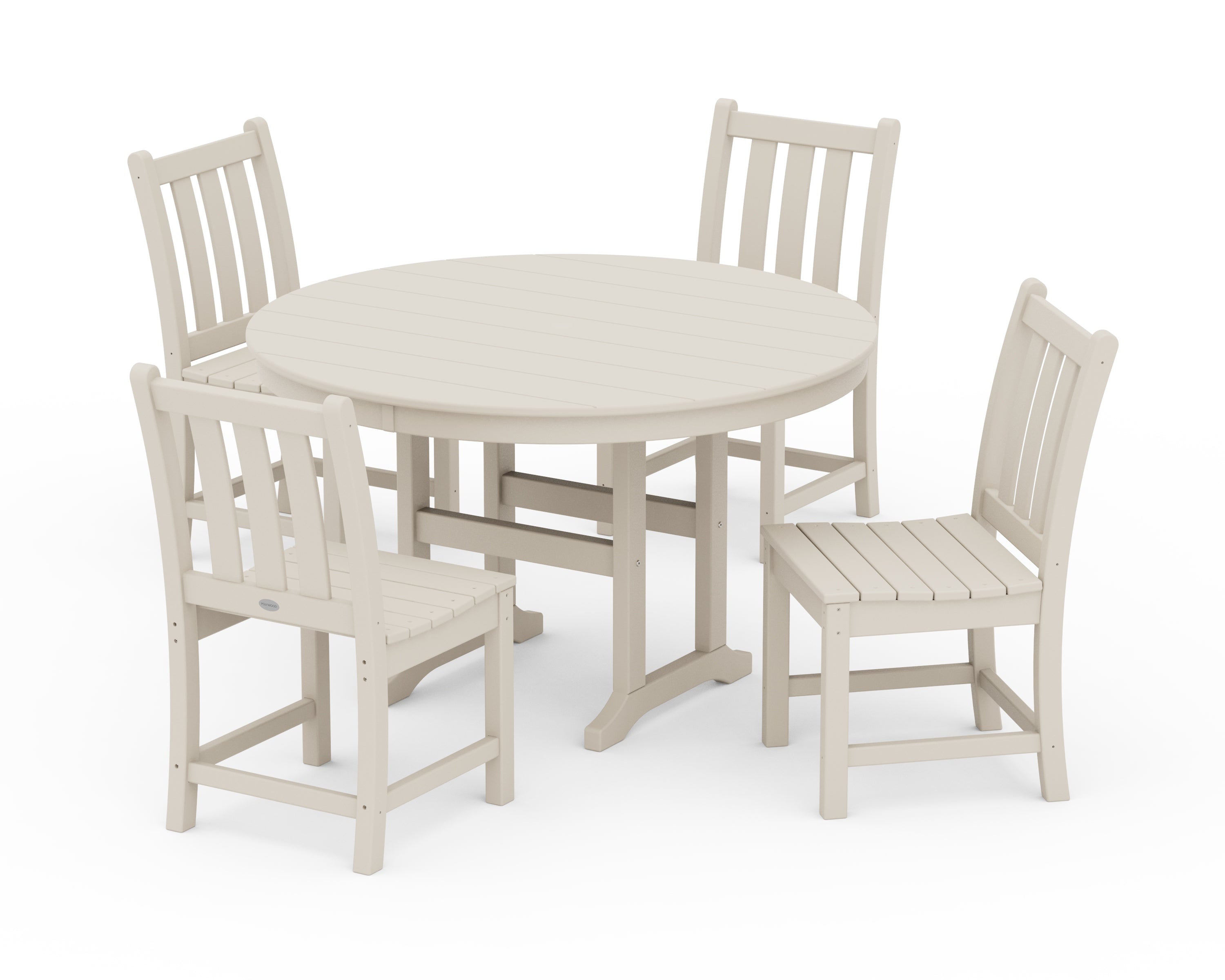 POLYWOOD Traditional Garden Side Chair 5-Piece Round Farmhouse Dining Set in Sand